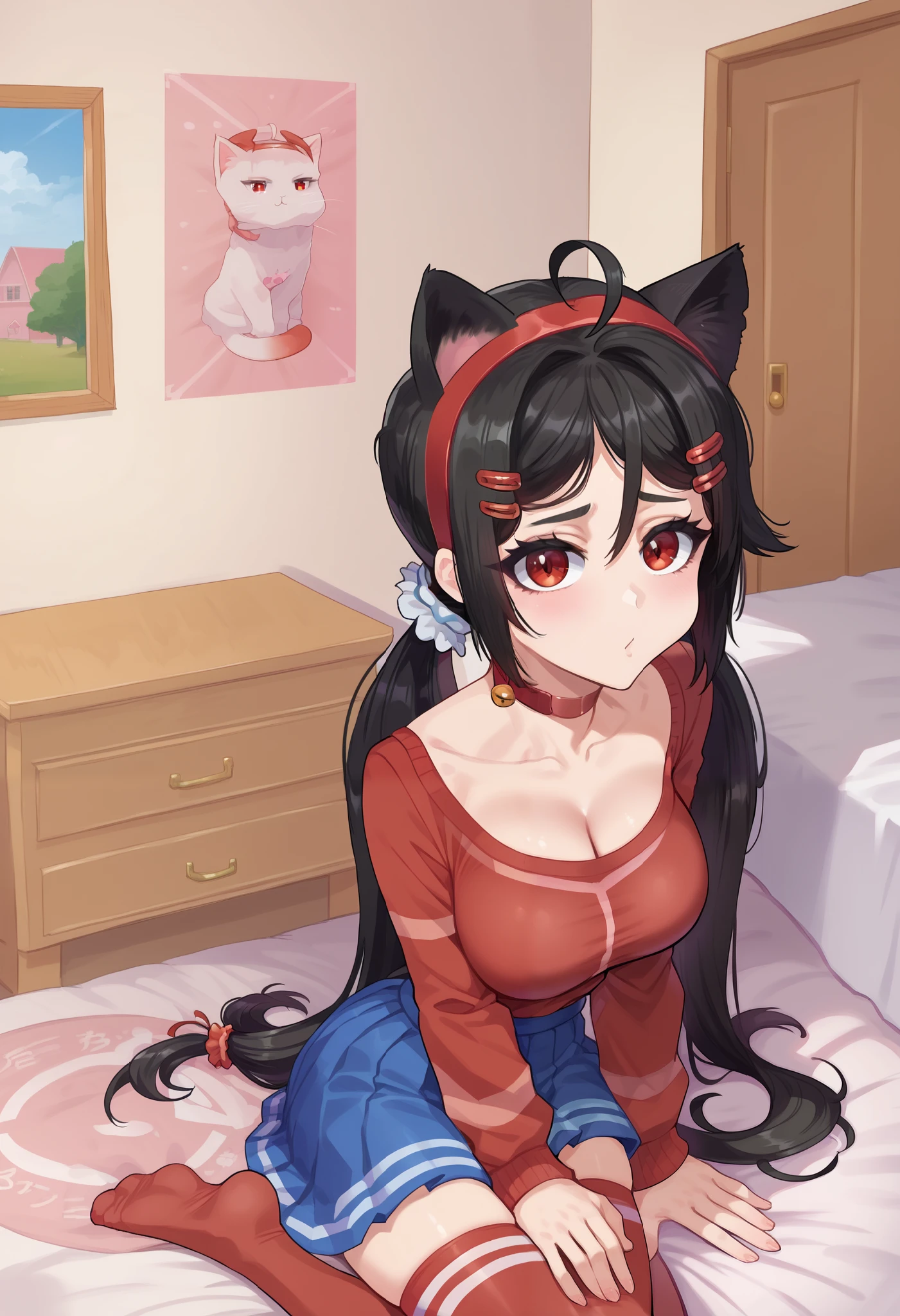 score_9, score_8_up,sharp focus,, absurdres, highres, illustration, mi_ta, 1girl, , junkotvvxl ((cat girl, cat ears)), (red eyes), (long hair), (( black hair, (Ahoge), straight bangs,)),, braids hair, hairband, scrunchie, barrette pins, blouse, skirt, red stockings, CLEAVAGE, large breasts, looking at viewer, solo, bedroom, sitting, on bed, Deepthroat, snap my choker, instant loss, 2comma, Fellatio, deeper Deepthroat, irrumatio, before and after