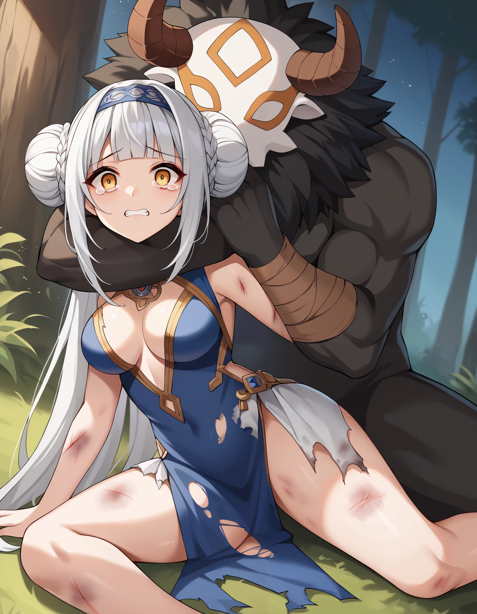 man,white white tiger,long hair,gray ninja costume,serious expression,forest background,pain,sweating,drooling,Stickiness,stroking,Show your butt,anal sex