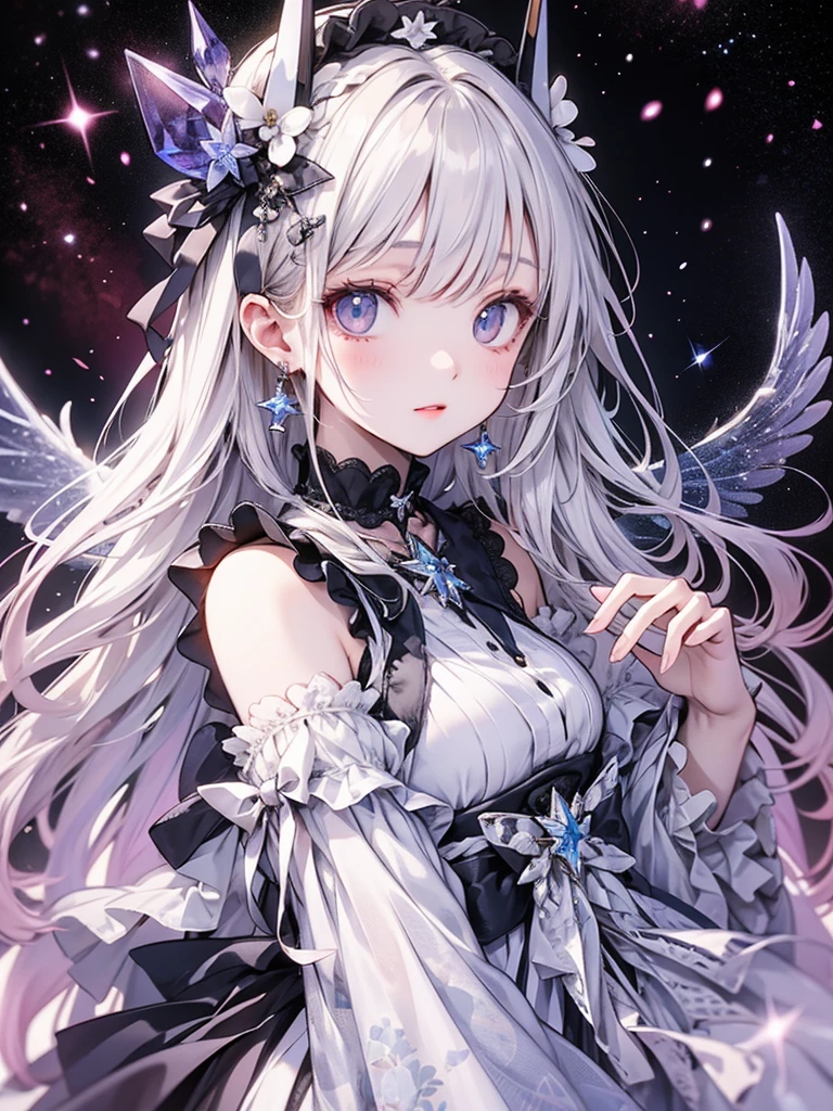 ,Long wavy hair that reaches the knees,White hair is very attractive, Detailed and precise manual work, Attractive girl, White cat ears,Purple eyes and white eyelashes,Big angel wings,A subject that stands out against the dark night sky, White Dress,
