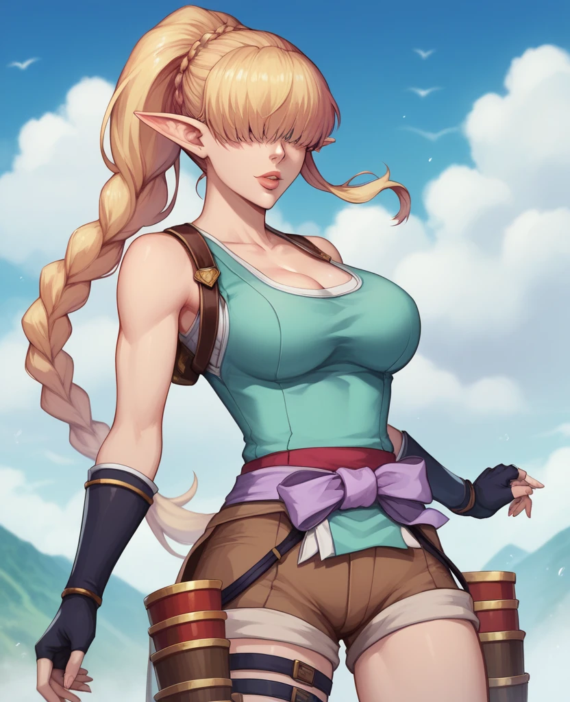 Marcille Donato, cute and sexy elf girl with blond hair, beach, sea, girl in a swimsuit, turquoise swimsuit, red choker