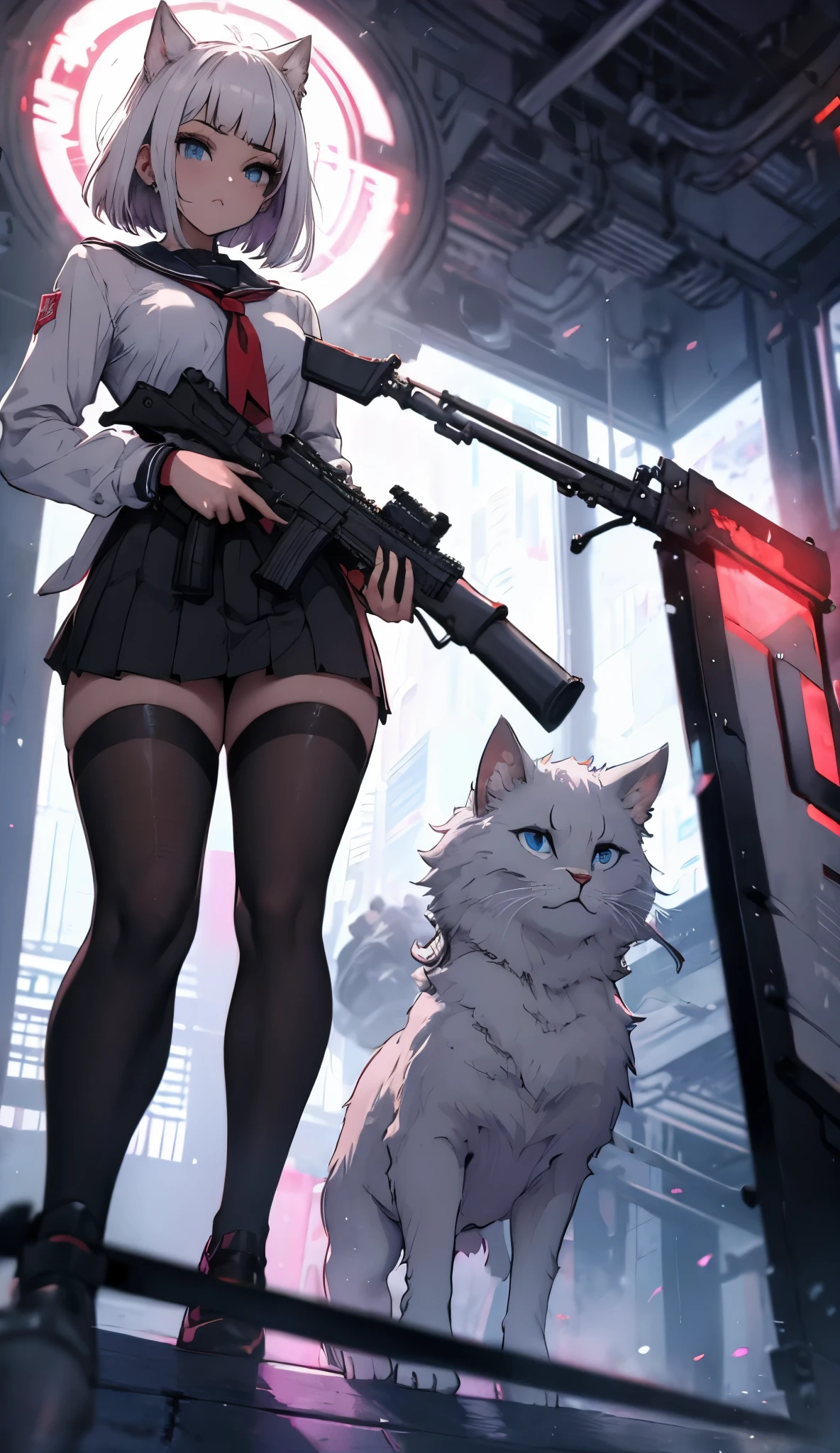 best quality, anime, waifu, best aesthetic, old, (oldest), tech future maks full set, headfone ears, retro artstyle, 1990s \(style\), 1girl, solo, cowboy shot, (white hair), very short hair, costeletas longas, swept bangs, school uniform, serafuku, blue eyes, looking at viewer, long sleeves, closed mouth, white background, (anime screencap:1.3), (anime coloring), (flat color), pastel colors, ((((esta segurando um rifle e caminhando de forma cautelosa procurando o inimigo, olhando pela mira do rifle))))