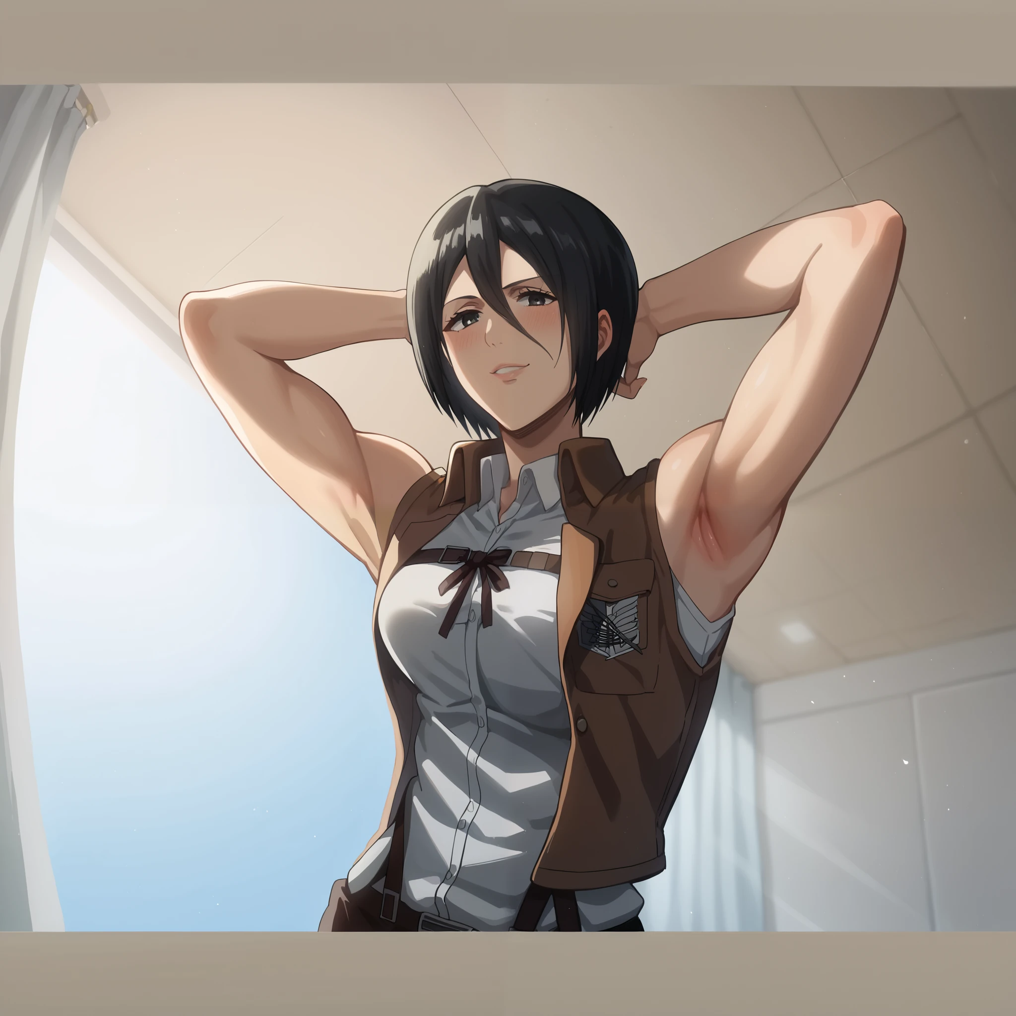 score_9, score_8_up, score_7_up, 4k, uhd, high resolution, source_anime, highly detailed, best quality, masterpiece, 1girl, solo, m18+, mikasa ackerman, black hair, black eyes, short hair, hair between eyes, blushing, smiling, jacket, brown jacket, sleeveless, jacket covering the body, white shirt, sleeveless, collared shirt, large breast, white pants, indoors, bedroom, looking at viewer, side angle, cowboy shot