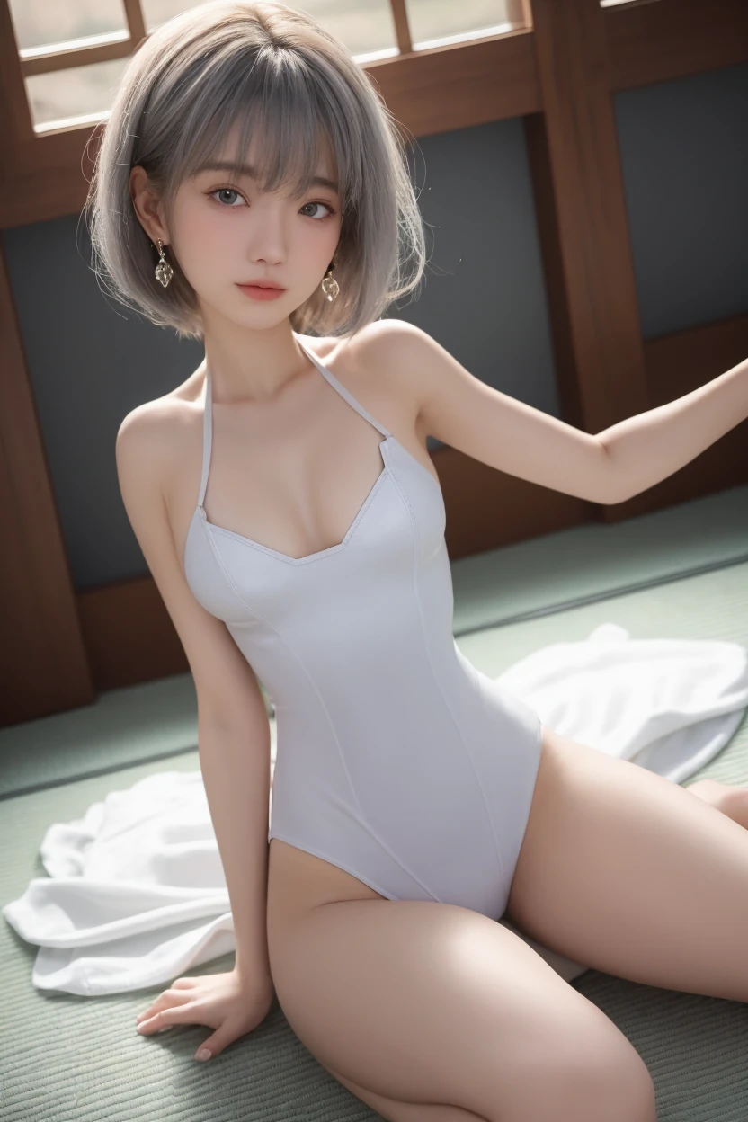 bunnygirl、NSFW、((cammel toe))、Lying naked、photographed from the back、Big、Hi-Res、Shaded face、short-hair、独奏、Blue eyes、Steppe at sunset、A slight smil、Ash gray hair、long boots