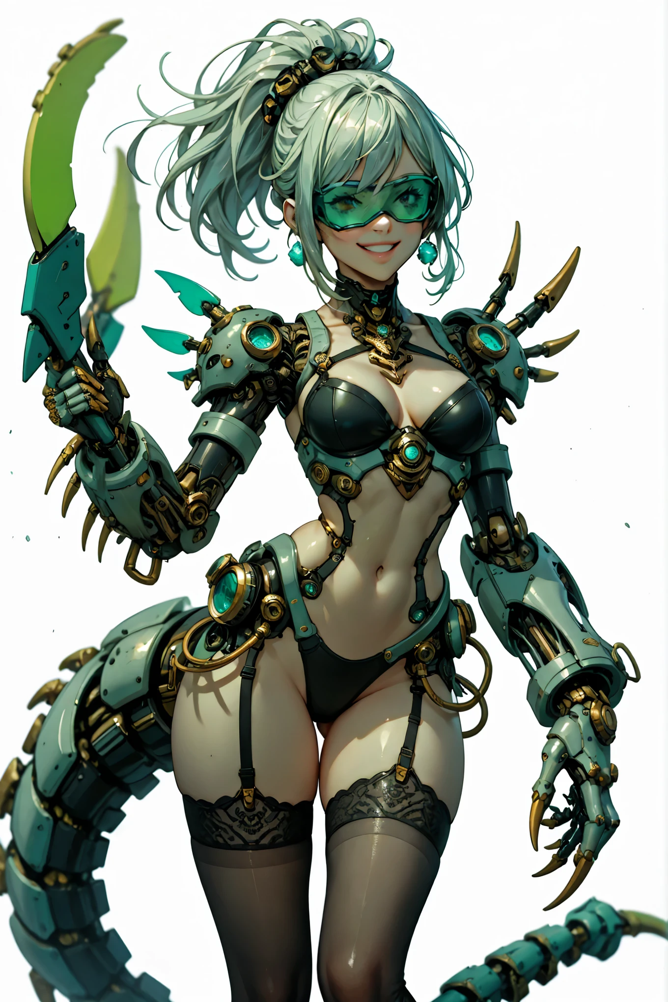 Sci-fi style girl. Mechanical bodysuit. Mint image color. Green and black armor. Smiling. Cyber goggles. Goggles to cover eyes. Scorpion tail. Arthropod element. Cancer Clawhand. Mechanical scorpion. Thighs. Thick legs. Breasts perky. White background.