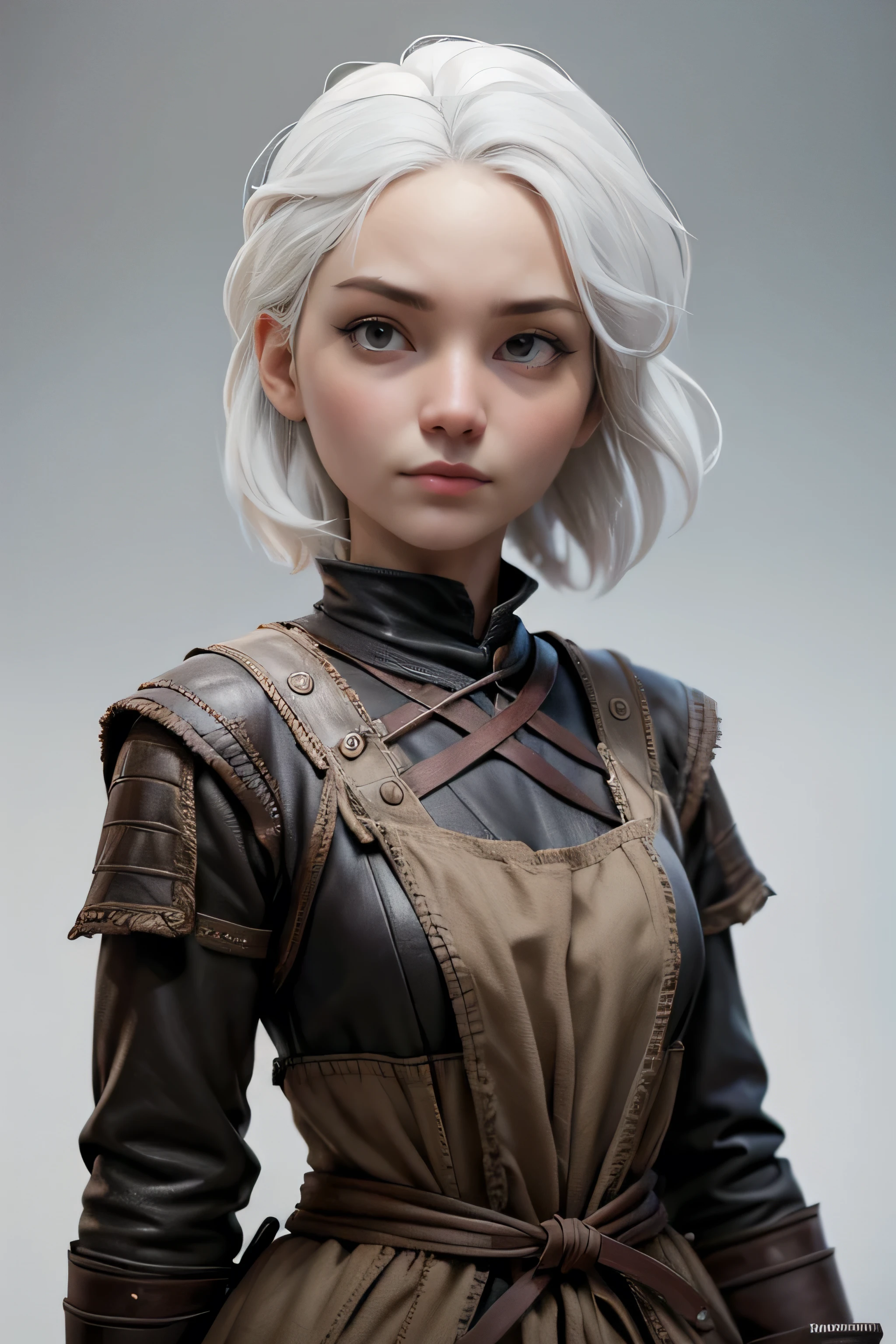 Peasant woman from " Game of Thrones", short white hair, brown eyes, Dynamic Pose , Expression with fear, Iluminación natural, ultra resolution , plain white background , without patterns, No textures.