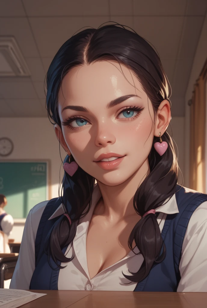 1woman, (teacher with with a leather pointer:1.2), high heels, open shirt. standing, near the blackboard, (near students), (students seated:1.2), (students raising arms), from behind, (realistic:1.5),photorealistic, octane render,hyperrealistic, wide hips, slim fit, wearing a short blak skirt, perfect butt, white open shirt,(photorealistic face:1.2), collar,(medium breasts:1.1),thick eyelashes,long eyelashes,(twin tails:1.1),(dark hair:1.1), glasses, hair ribbon,choker,best quality, streaked hair, half smile, (looking at viewer),sharp focus, (4k),(Masterpiece), (Best Quality), fantasy, extremely detailed, intricate, hyper detailed, (perfect face), illustration,soft lighting,(specular lighting:1.4),blue eyes,absurdly