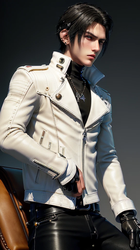 ((Final fantasy taste and reality graphics)), ((Japanese young cute and cool ikemen  boy)), his age is early 20s, thin eyebrows and beady eyes,, (((((boy wearing cream-white color thick leather and single-brest double zipper jacket))))), ,(((((jacket is voluminous and motorcycle style))))) ,((((with epaulet)))), ((((leather jacket is close front zipped up)))), (((((jacket collar is stand-up and built-up neckline))))), ((((jacket collar with two belts)))), (((boy also wearing black thick material turtleneck polyester shirts))),  (((boy wearing tight black color long leather pants))),  (((((boy put black leather tight and thin gloves))))), (((boy wearing black leather knee-high raceup boots))),Do not show skin from the neck down,(((all clothes are smooth design and very shining))),(((Avoid adding unnecessary decorations to your clothes))),(((all clothes is simple design and appearance))),(((don't wear jewelry on all clothes))),,(((((UHD))))),(((((high resolution))))),,