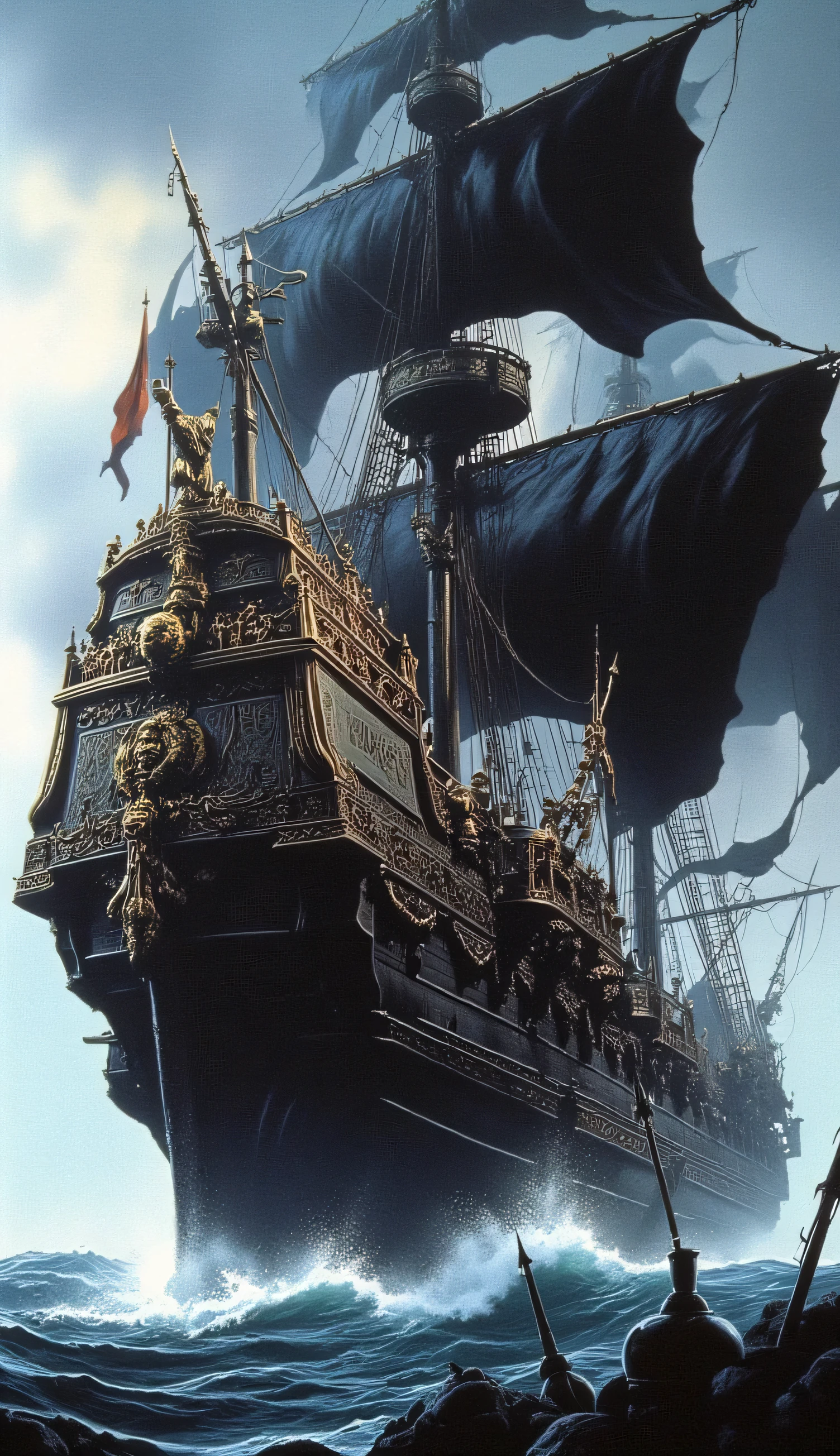 side view take, zoom in, A massive pirate warship with thick, reinforced iron plating and black sails, built for battle. Cannons line both sides of the ship, ready for combat. The hull is carved with menacing symbols, and a large skeletal figurehead adorns the front. The dark ocean waves crash against its side. The deck of ship is equipped with harpoons, barrels of gunpowder