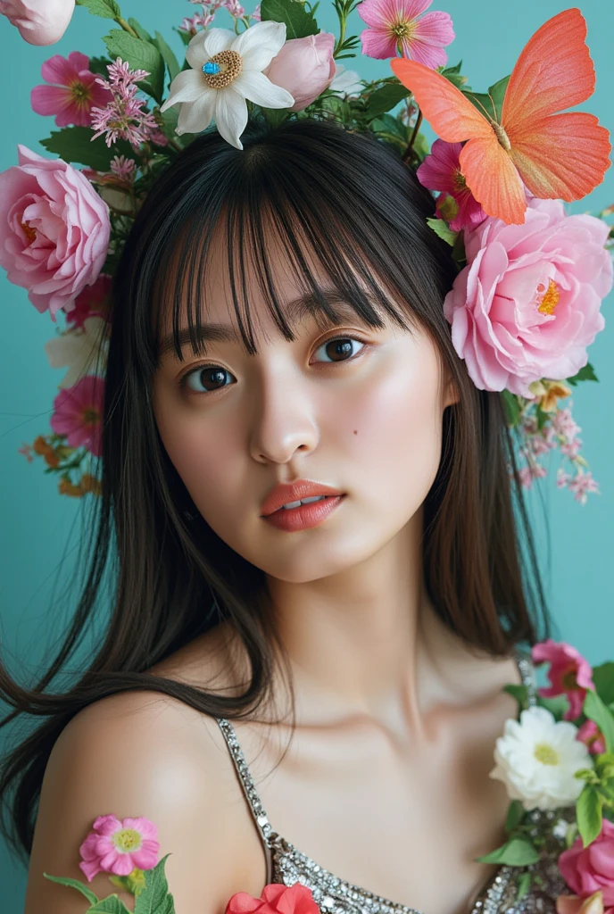 [style of Alberto Seveso : real life photo : 0.66],
happy [charming Japanese woman| Yui Aragaki | Satomi Ishihara], papercraft, color splash, fractal art, intricate abstract background