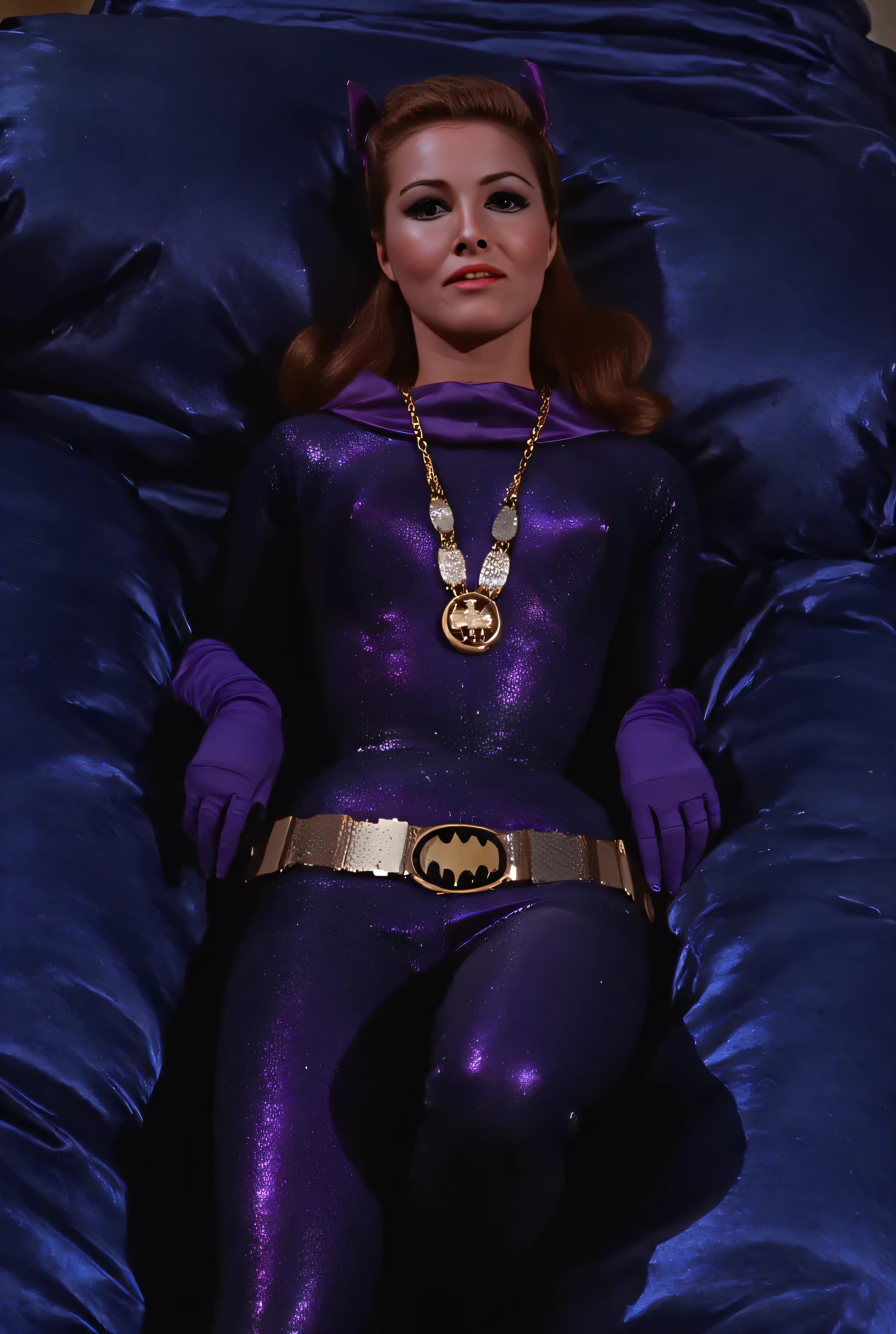 Lynda Carter as pornographic Wonder Woman, full body photo, ravished, orgasm sex , bikini costume, naked body, nudity, thin sexy stomach with perfect bellybutton, bare shimmering legs and feet spread apart, Lying down on the bed with dark blue satin sheets , ((( with eyes opened, mouth open, glossy lips ))),lying on the sheets、 lying on back 、 with a desperate sexy expression,