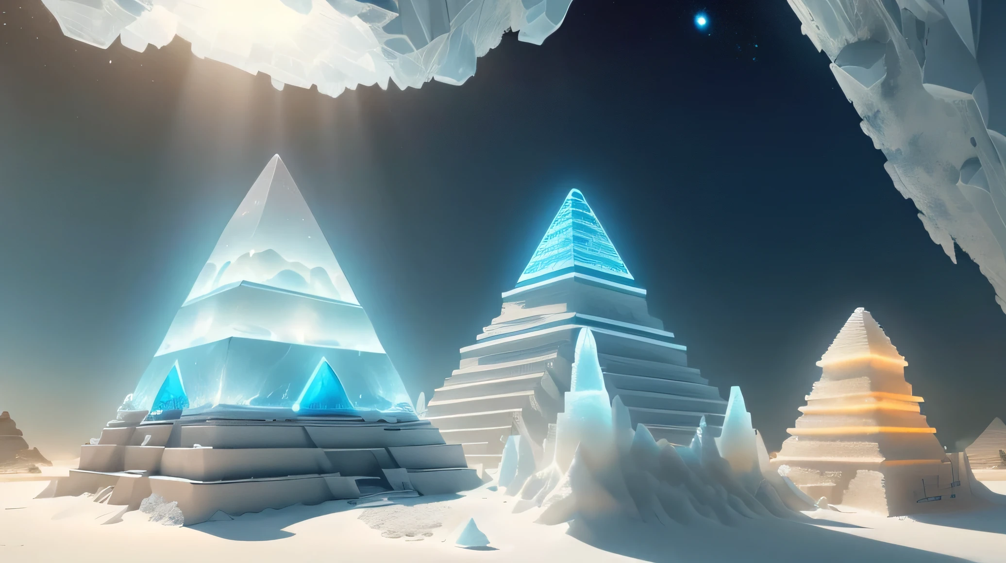 Salt technology  , Science Fiction,  Luminescence,  inner light ,  Pure ,crystallization, 
 desert, pyramid \(structure\),Blue sky,
