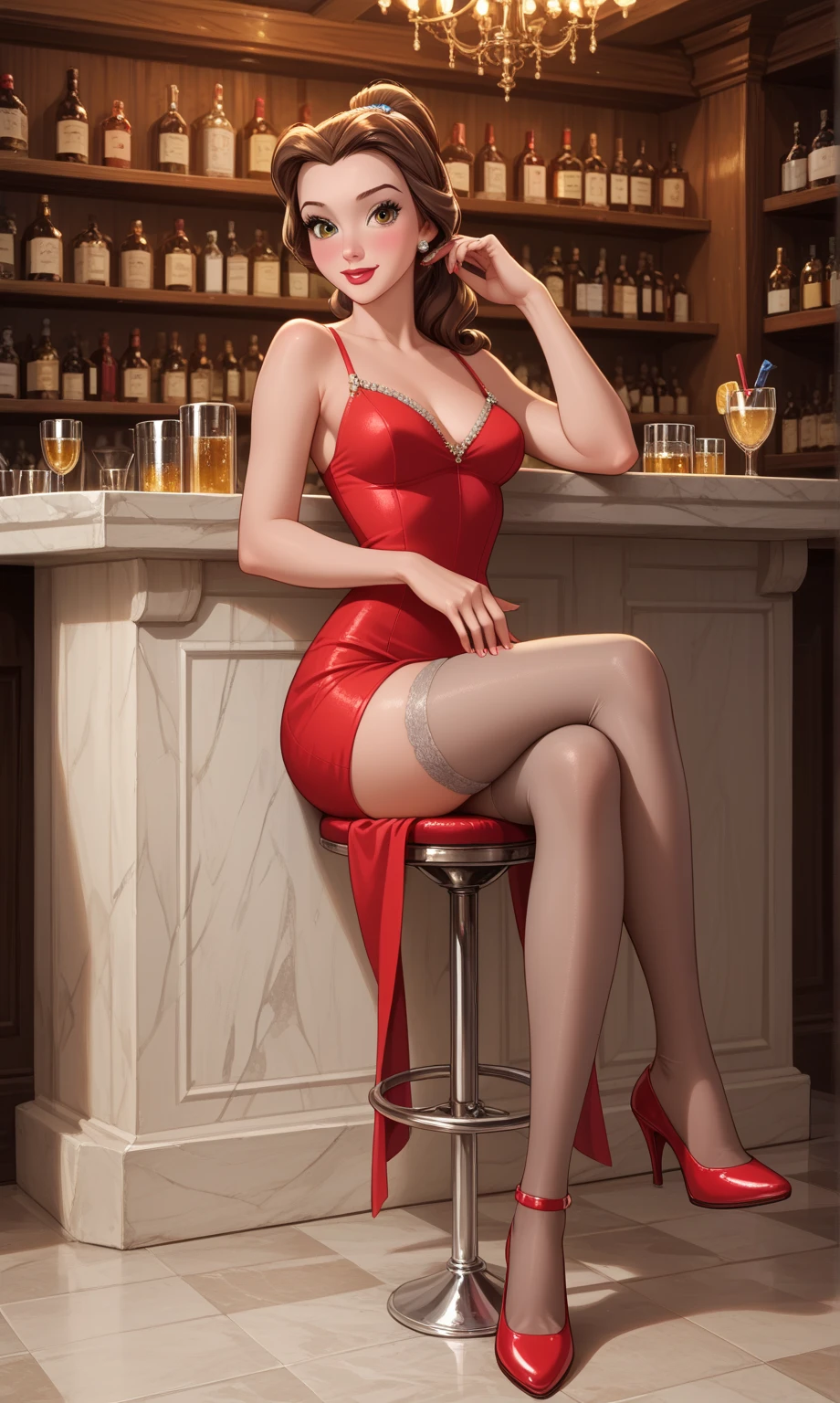 side view sexy dress high heels_tallwoman (romantic dark lowlight fancy restaurant at night) hyperrealistic art cinematic film still photography in the style of detailed hyperrealism photoshoot . Extremely high-resolution details, photographic, realism pushed to extreme, fine texture, incredibly lifelikewoman , woman sitting at table talking, side glance smile huge lips at viewer (((muscular))