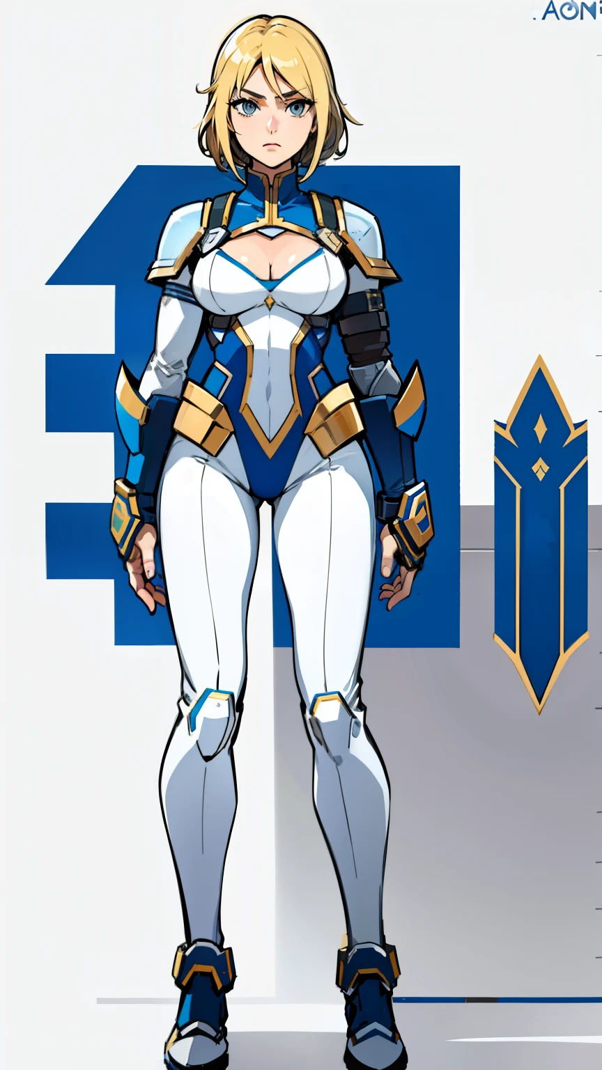 ((T-pose)) (model sheet front T-POSE FROM THE FRONT) masterpiece, best quality, Agrias, simple armor with cleavage, short blonde hair, assassin, white shoes, ice, costume, solo, pants, ice effects, standing, perfect hands, perfect fingers, sock -high pants, wearing anbu mask, full body, (white background, no bottom), (arms open, legs open)
