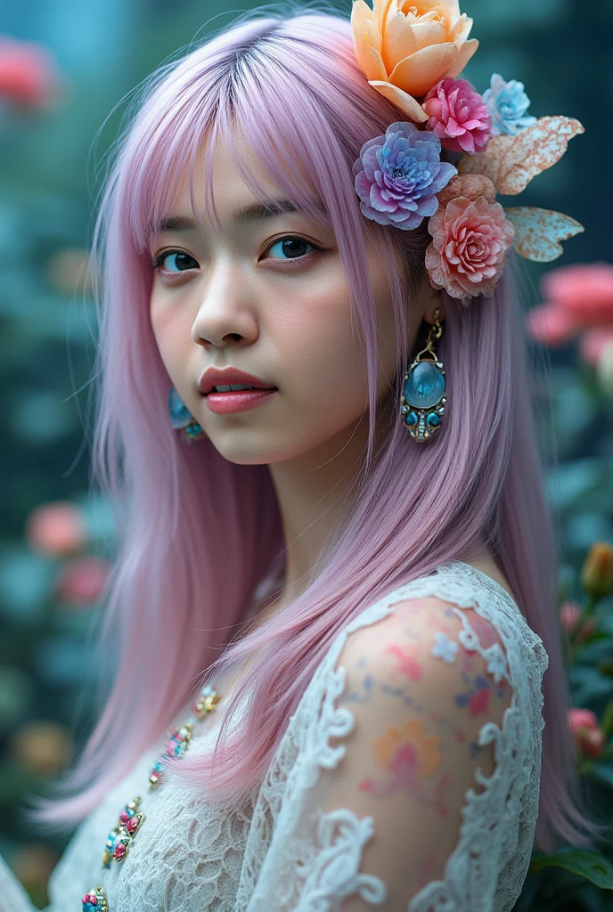 (ultra-fundo detalhado, fundo detalhado), absurdos, high resolution, ultra detalhado, extremamente detalhado, 1 garota, sim miko, cabelo rosa, olhos roxos, (Ramo de flores:1.3), (emaranhado:1.2), (Geometric:1.2),(Colorida),