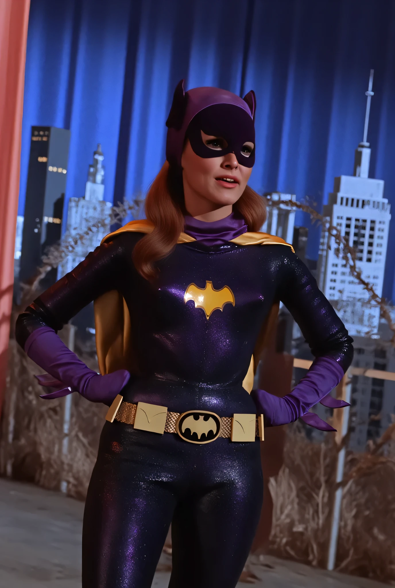 cinematic film still of  <lora:Batman1966 Style:1>
batgirl,In year 1966,a woman in a purple and yellow batman costume,Bama1966 Style,solo,long hair,brown hair,1boy,male focus,cape,lips,bodysuit,mask,realistic,retro artstyle,superhero,classic,vintage,retro,dramatic light,film look,cinematic , Gotham City, batman universe, ba_ma style, batman style, batman1966 style, shallow depth of field, vignette, highly detailed, high budget, bokeh, cinemascope, moody, epic, gorgeous, film grain, grainy