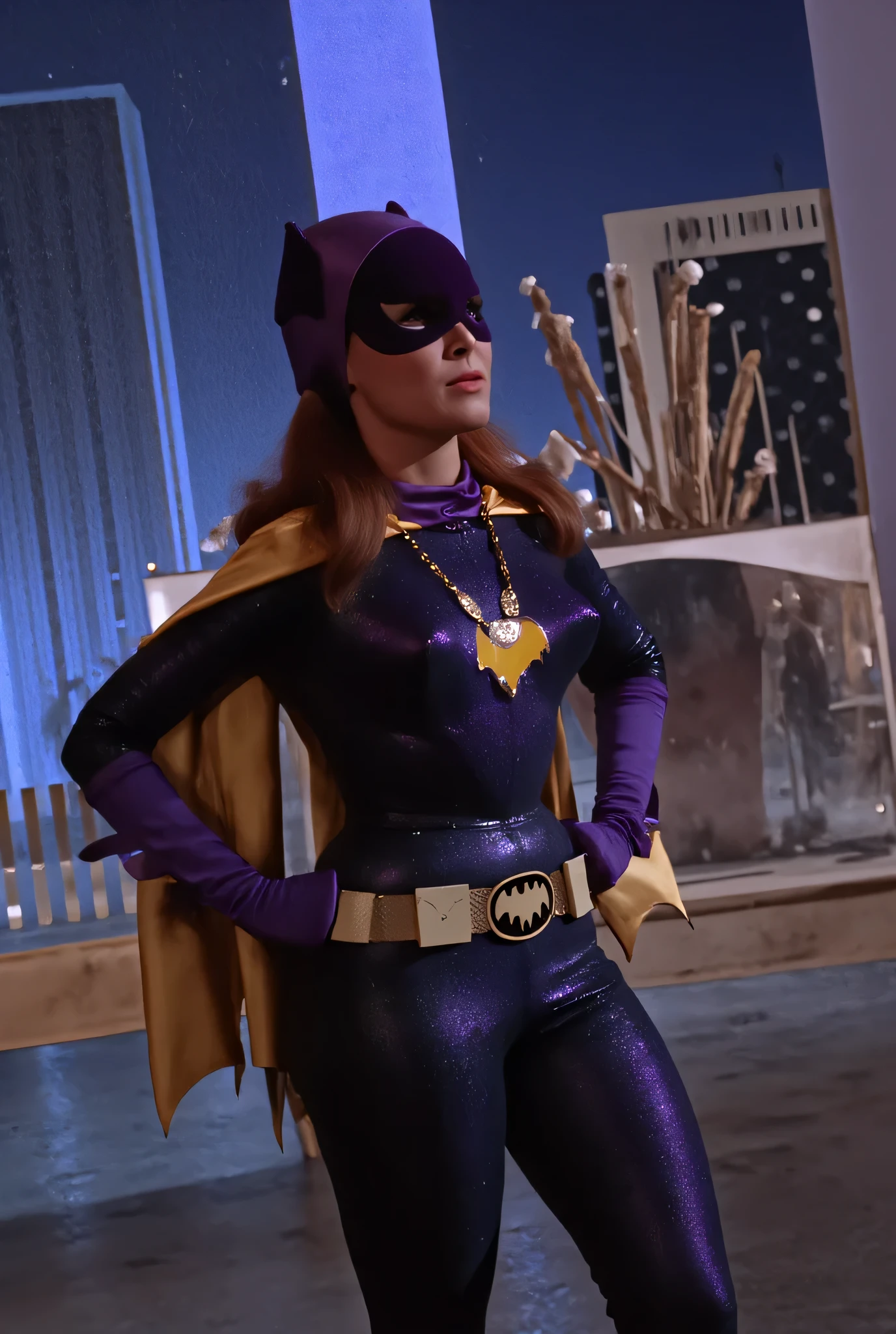 catherine-z is dressed as b4tg1rl woman, black hair  