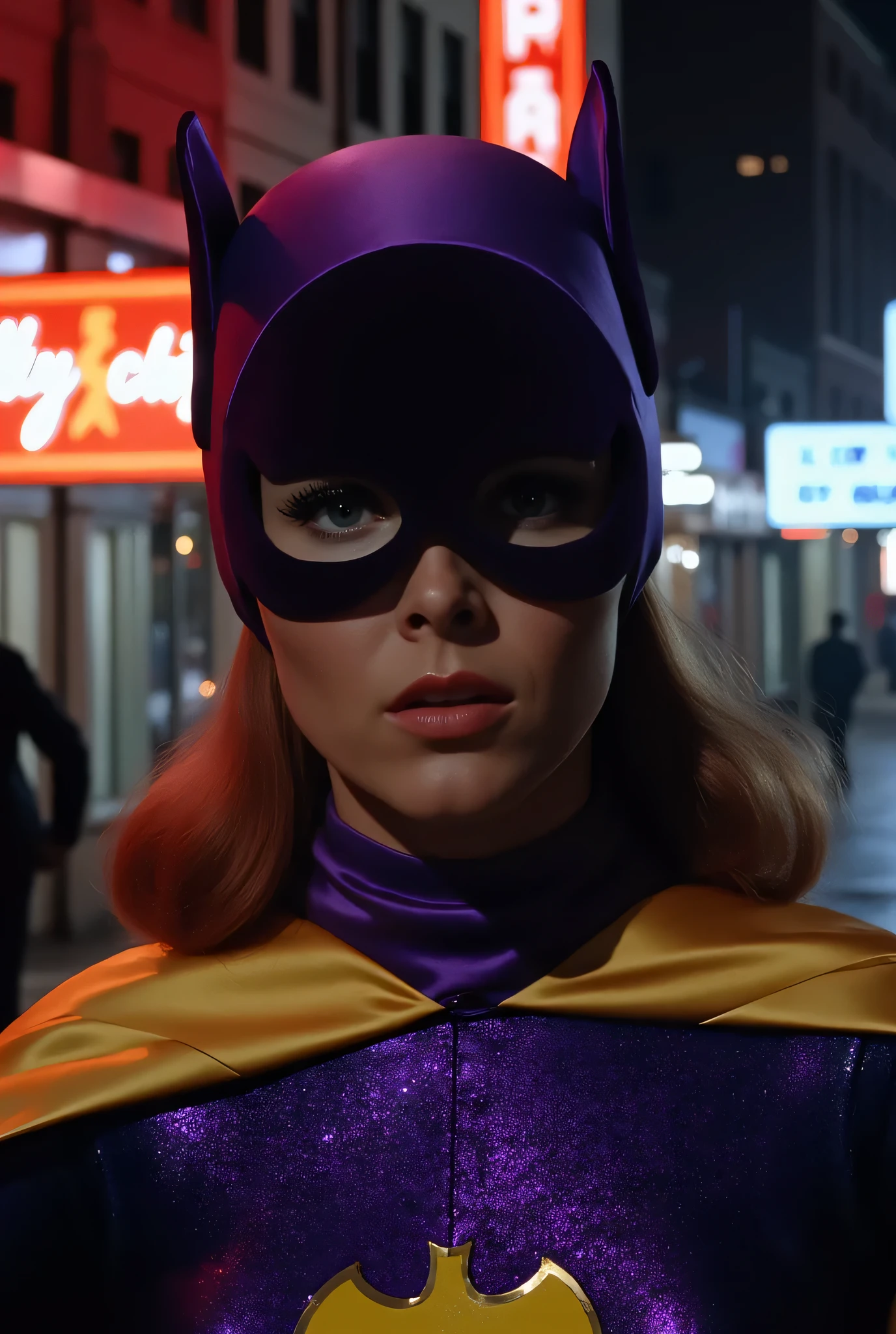 close up, portrait catwoman woman, background of 1960s \(style\) new york city street, nightime, shop signs, ads