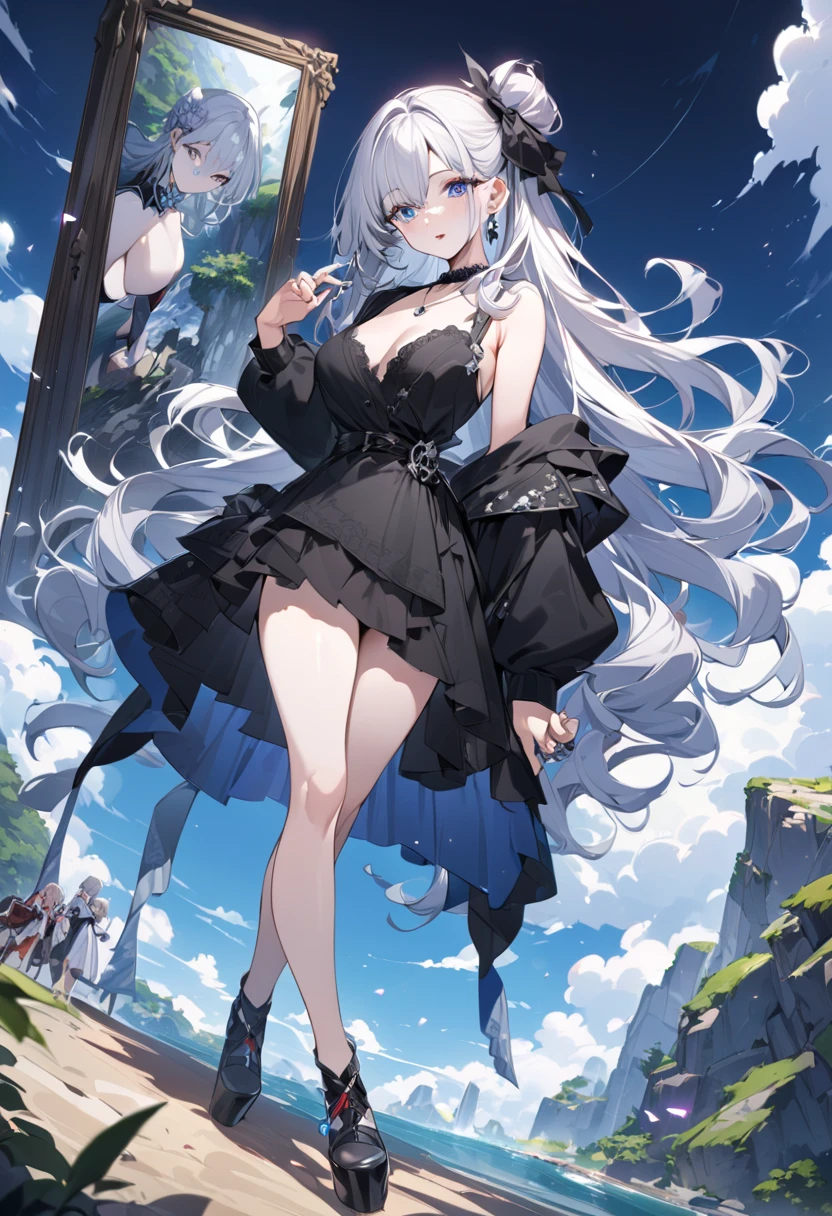 ((2D Beautiful Girl、top-quality、perfect fingers:1.1、perfect anatomia:1.1、Perfect outfit、face perfect：1.1、Beautiful illustration))、(transform sequence)、((cute decorative headband、Idol style swimsuit)、14years、Solio、hime、Fractal Art、baby-face、((stright long hair))、(Slender and beautiful legs)、Beautiful big drooping eyes、（full body photographed：1.1、Zoom out and shoot）、((1人))、Blue sky and sea background、cat ear、a smile