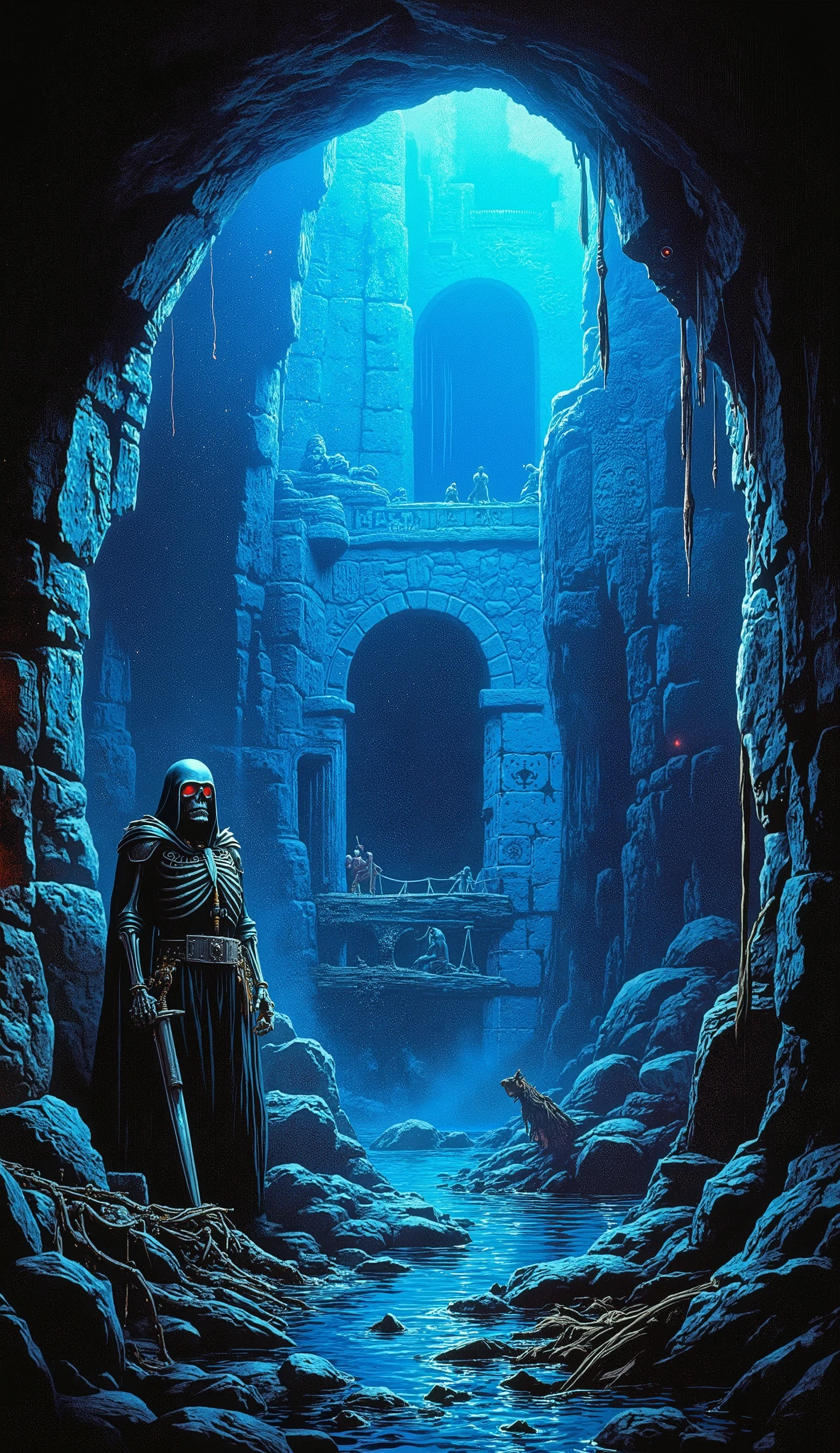 A dark and eerie cave entrance carved into the side of a rocky cliff. The cave emits an unnatural blue glow from mysterious runes on the walls. Inside, there are pools of shimmering water reflecting unknown creatures lurking in the depths. Ancient pirate markings are drawn on the stone, warning those who enter. Strange whispers echo through the cavern, as if the walls themselves are alive. A broken wooden bridge hangs over an abyss, leading deeper into the unknown, a huge living skeleton with armor and old sword with red shining eyes in the entrance