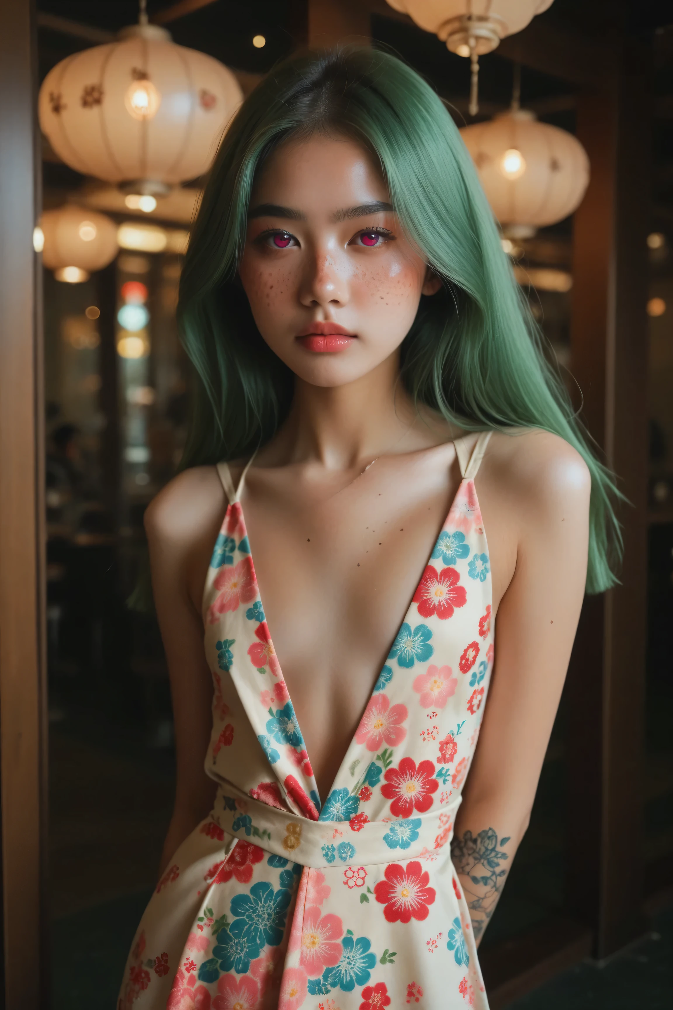 Kizi,Highly detailed, Amazing work,Vitreous luster,((clean backdrop)),In purple,(((reds))),pink color,gold colour, Best quality at best,plunging neckline, A mesmerizing surreal illustration of a young thai girl. She has pastel green hair with blunt bangs, pink eyes, and wears a vibrant pastel colored outfit adorned with intricate floral patterns. Freckles dot her smooth, warm complexion, and bold, colorful tattoos cover her arms and legs. The tattoos feature traditional Japanese motifs like flowers and mythical creatures, rendered with meticulous detail in a pastel color palette. The background is a vintage floral-patterned wallpaper. The line work is precise, The artwork fuses modern illustration techniques with traditional Japanese aesthetics, resulting in a visually striking portrait, shiny skin, small breasts, arms behind back,
