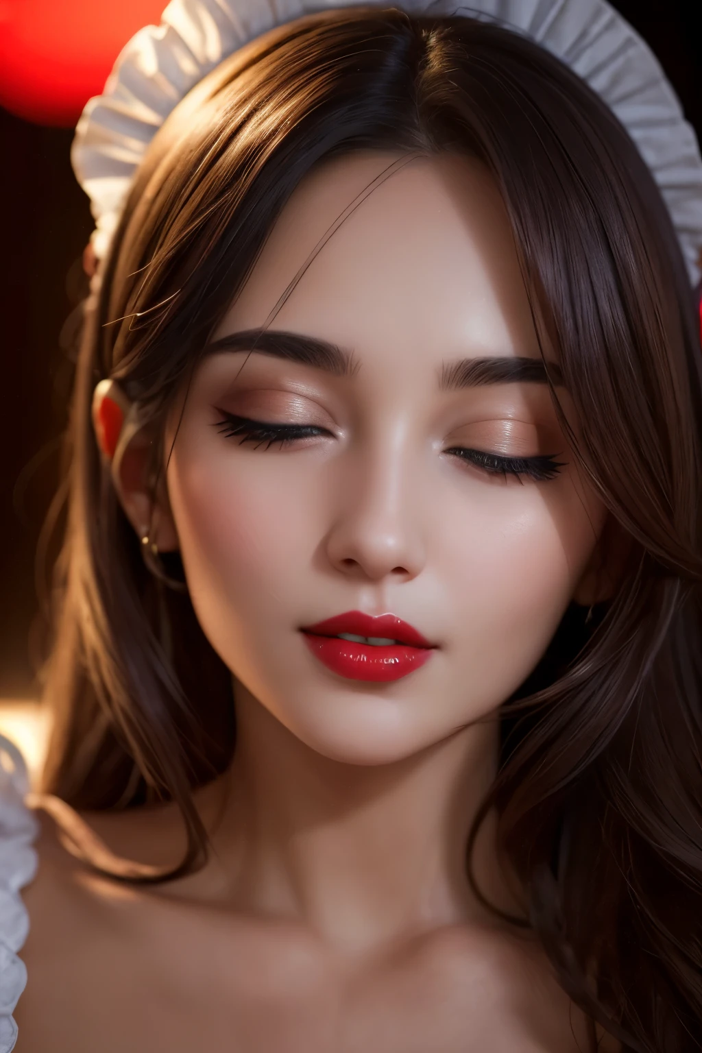 Amazing portrait of a woman who is 30 years old and an adult and a sexy maid during night time with soft lighting showcasing her red lips and her beautiful face in detail and close up