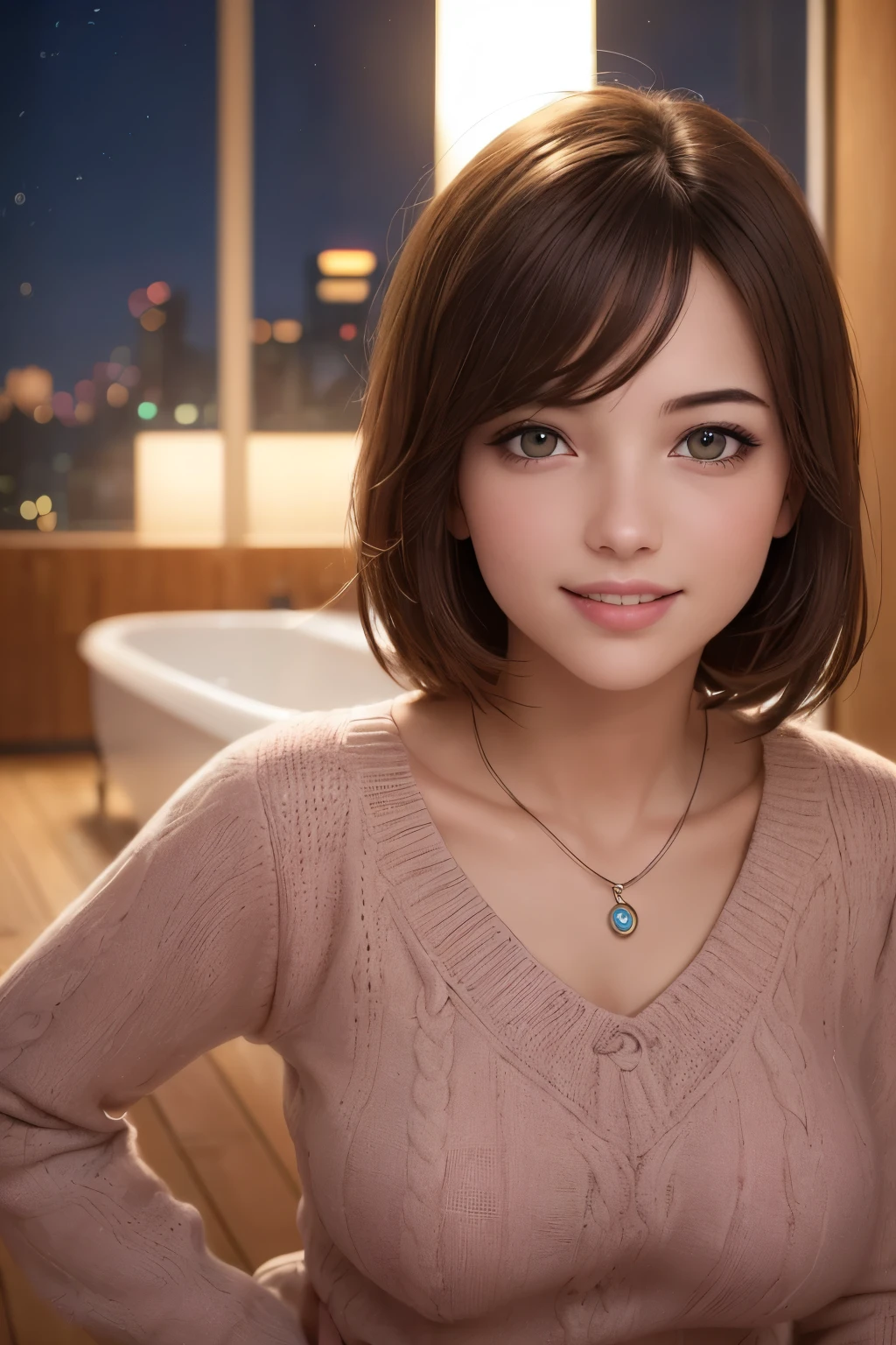 ((Night, Realistic Light, Best Quality, 8K, Masterpiece: 1.3)), 1girl, Slim Beauty: 1.4, (Brown hair, Medium breasts: 1.3), Long pink sweater: 1.1, Bathroom, Super fine face, Delicate eyes, Double eyelids, smile, necklace