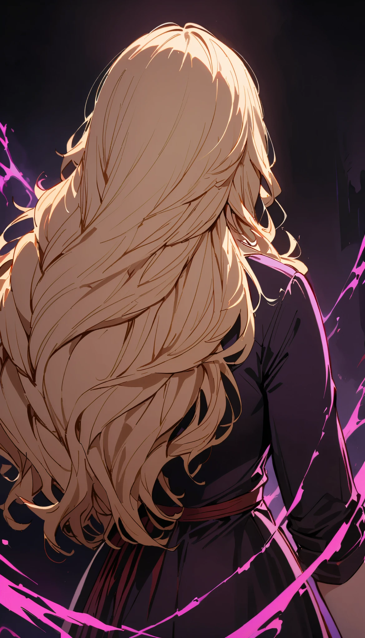 vintage movie, girl, wavy blonde hair, woman body, big boss, dark background around, focus on the character, dutch angle, from back, (((purple eyes))), black clothes, powerful woman, solo, secret, black effects, ((long hair)), dangerous smile
, yang xiao long from rwby, dark energy, blood energy, ((mature)), yamanaka