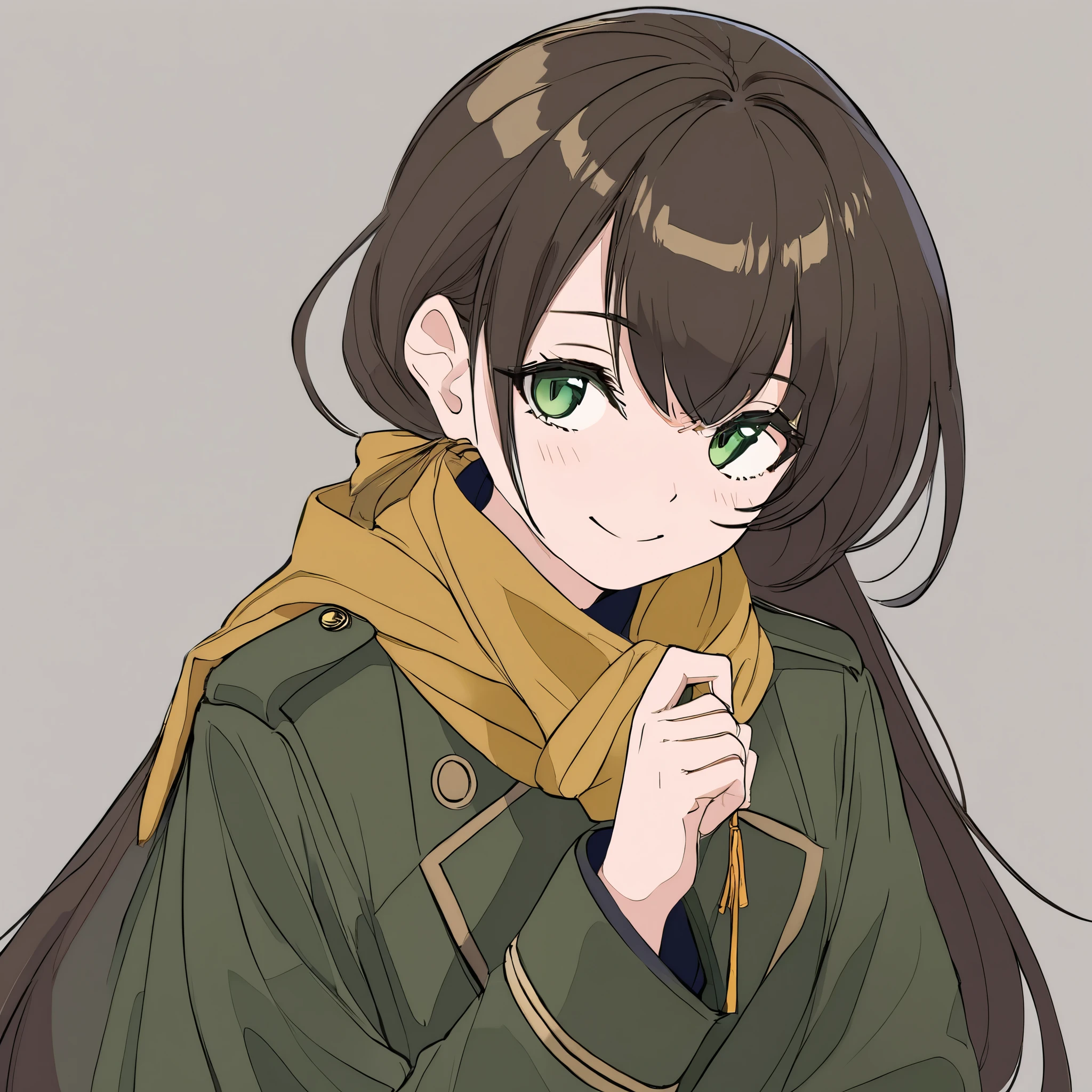 masterpiece, Best Quality ,1 Girl, alone, (纯白background1::5),Drawing style,Half body , is blank and takes up a large area,A girl, brown angled ponytail , close your eyes ,Gold scarf, dark green trench coat,双手放exist胸前,Smile,Hairpin,Flat-coated style,exist_ Viewer , simple _background, 白色的background,Make a Wish,front