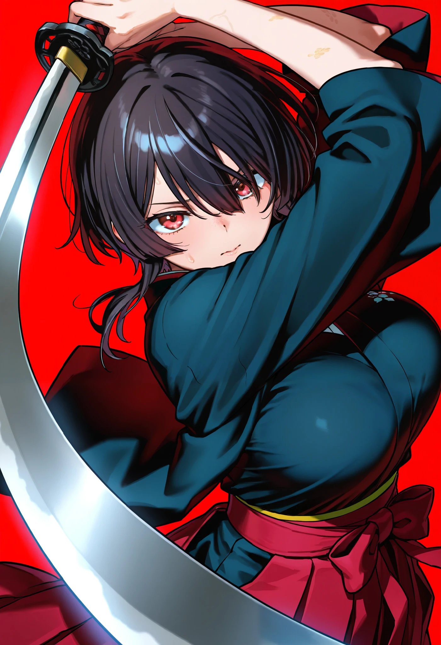 1 girl, high resolution, top quality, textured skin, hair to hide one eye, big breasts, ahe face, illustration , Hakama, Big Sword, dark hair, red eyes