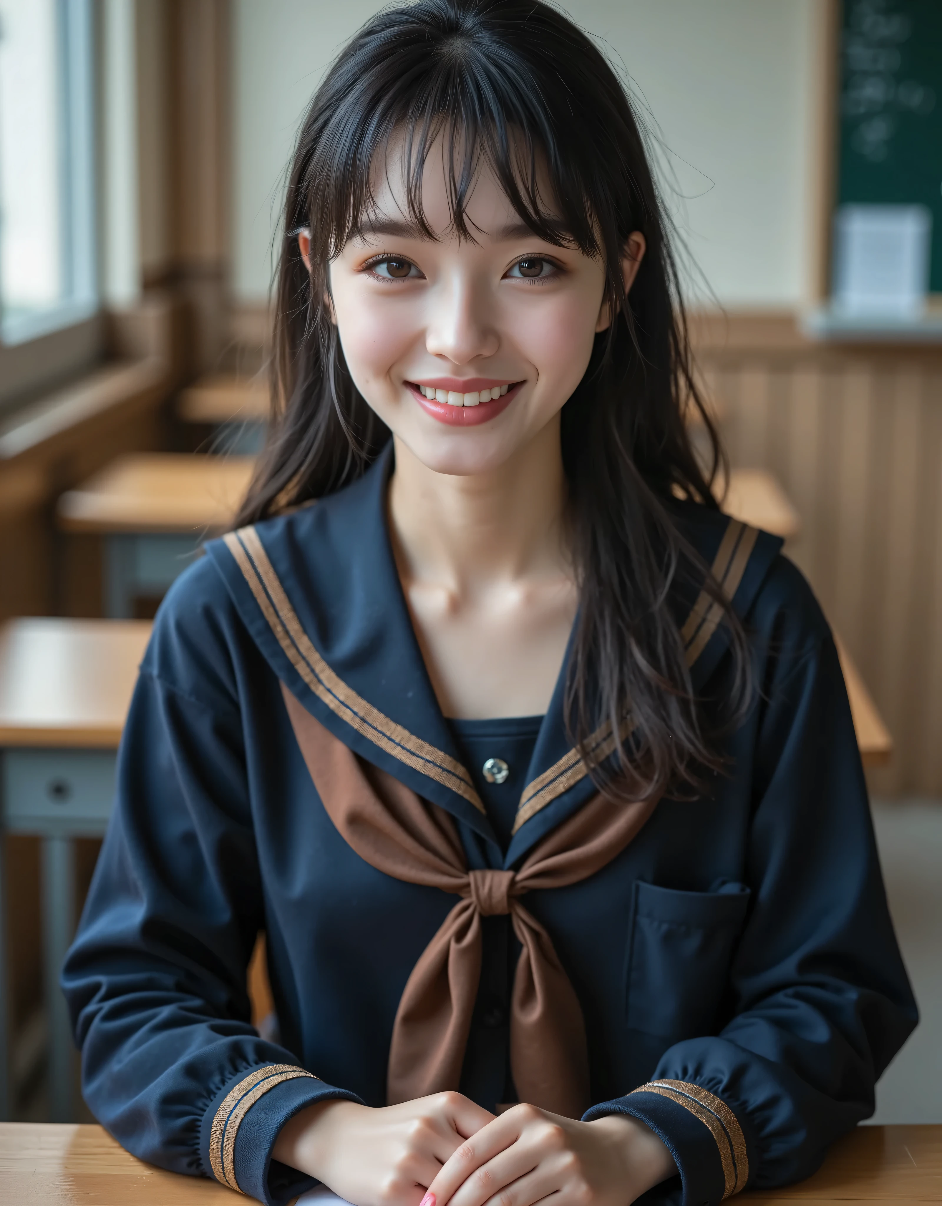 (Canon), (EOS R5), (50mm), ((( photorealistic:1.5))), (No lens flare :1.5), ((超 high resolution)), (masterpiece), accurate,( is present な質感の肌), Super Detail, high detail, high quality , Award-winning work , 最 high quality, 32K, depth of coverage, digital camera, award-winning glamour photo , professional lighting, (SFW), ((最 high quality:1.5)), ((masterpiece:1.5)), (( is present )), high resolution, is present な影, Roughness, Real Life,( 1 Japanese woman so beautiful and cute), ( The cuteness of Japan's top idol ), ((Upper body shot seen obliquely from the front :1.5)), (( upper body shot from head to knee :1.5)), (( cute 18-year-old Japanese high school girl )), (( high school classroom , desk, chair, blackboard, and window visible )), (((Navy blue short sleeve sailor suit with dark blue collar and 3 brown lines :1.8))), ((( The collar and chest are dark blue and have 3 brown lines, a short-sleeved navy blue summer suit sitting on a chair wearing a sailor suit and a dark blue flare skirt:1.8))), (( short sleeve navy blue sailor suit with dark blue collar and breastplate :1.8)), (( no front buttons on a sailor suit :1.8)), (( sailor suit chest is dark blue with 3 brown lines :1.5)), (( dark blue flare skirt :1.5)), ((Brown scarf for sailor suit :1.8)), ((Navy blue scarf closure :1.5)), (( no accessories:1.5)), (( No Earrings :1.5)), ((Without necklace:1.5)), ((Women's watch on her left arm )), (( a very cute high school girl who feels young )), Attractive cuteness , seductive pose holding hands, Height: 160cm, slim figure, Beautifully shaped bust, D Cup, (( Very Cute Smile :1.5)), ( alone:1.5), (There is only one person in the classroom), ( brown eyes:1.9), ( Detailed depiction of extremely realistic skin ), (Highly detailed, realistic eyes:1.9), (Very beautiful, Long, realistic eyelashes), (Highly detailed, realistic eyebrows), (丸い brown eyes :1.8), ( beautiful catchlight on the eyes), (Realistic lips with moisture ), ( white realistic teeth arranged neatly), ( Beautiful and Detailed Face :1.6), ( hourglass figure:1.6), (Wasp waist :1.5), ( Perfectly round and beautifully shaped bust :1.8), ( clearly contoured cheekbones :1.5), ( perfectly styled body :1.8), (Healthy body :1.8), (Narrow shoulders:1.9), ( is staring at the viewer), ( seductive gaze), (Beautiful, natural-looking hands), ( beautiful pink nails with a beautiful length ), ( show your hands as little as possible ), ( very cute smile:1.1), ( her stomach and navel may be slightly visible:1.4), ( dark hair medium hair :1.3), ( beautiful black hair), ( Has bangs), Natural atmosphere, Very cute type, beautiful thighs, (( evening classroom )), (( with a pencil case and notebook on her desk :1.4)), (( show your hands as little as possible )), ((I can't show my feet)), background, Illuminate the face, Dynamic Poses for Play, beautiful body line , Beautiful, realistic skin , Art Photography, beautiful soft lighting , Accurate , Accurate , Accurate,5 fingers on one hand ,((No watermark, No signature))