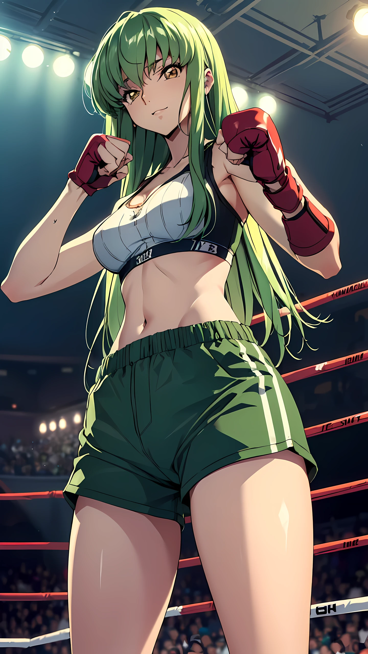 code Geass_anime, C.C., lime hair and gold eyes, long hair, 1 person, Bright light, vivid green hair, (masterpiece, Highest quality), 8k, Intricate details, (sports bra:1.5, sports short pants:1.5, fingerless gloves:1.3, sleeveless, medium breast, cleavage, belly button, bare thigh:1.3, slim long legs:1.3), Ultra HD, Highly detailed face, Highly detailed eye, (looking down at viewer:1.5), (serious smile), woman boxer, (fist fighting stance:1.5, cowboy shot:1.5, solo:1.3, from below:1.5), Crowd Circle View, professional wrestling ring, spectator seats, The background is the audience, best quality, masterpiece+, stretch chest,