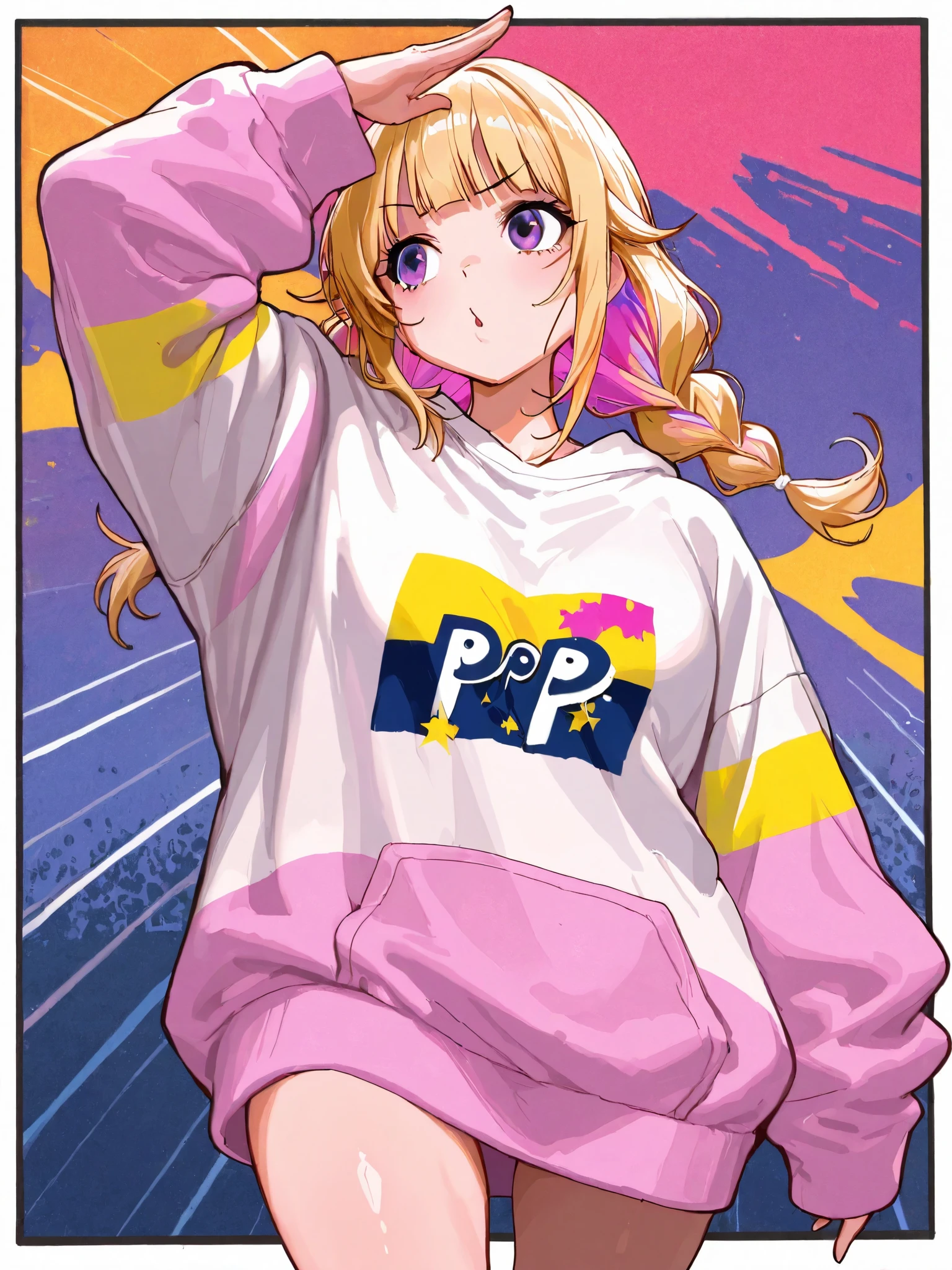 1girl\(tsukimi eiko,solo,dynamic pose:0.25\),pop art,oversized sweatshirt,masterpiece, best quality, 8k, highres, ultra-detailed,HDR, UHD, professional, vivid colors