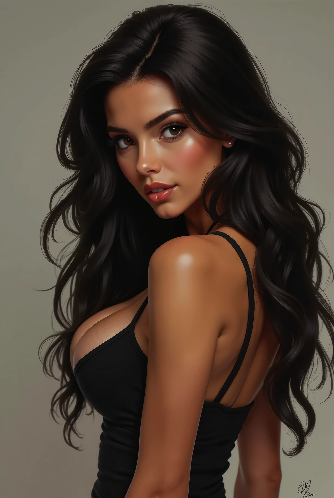 beautiful European 20-year-old woman, (confident look: 1.1), slim athletic body, long black wavy hair, realistic, highly detailed eyes , seductive pose , black eyeshadow, dark makeup, fashionable artstation, Extremely detailed, fine details, complex, detailed facial features, sharp focus, smooth, aesthetic photorealistic
