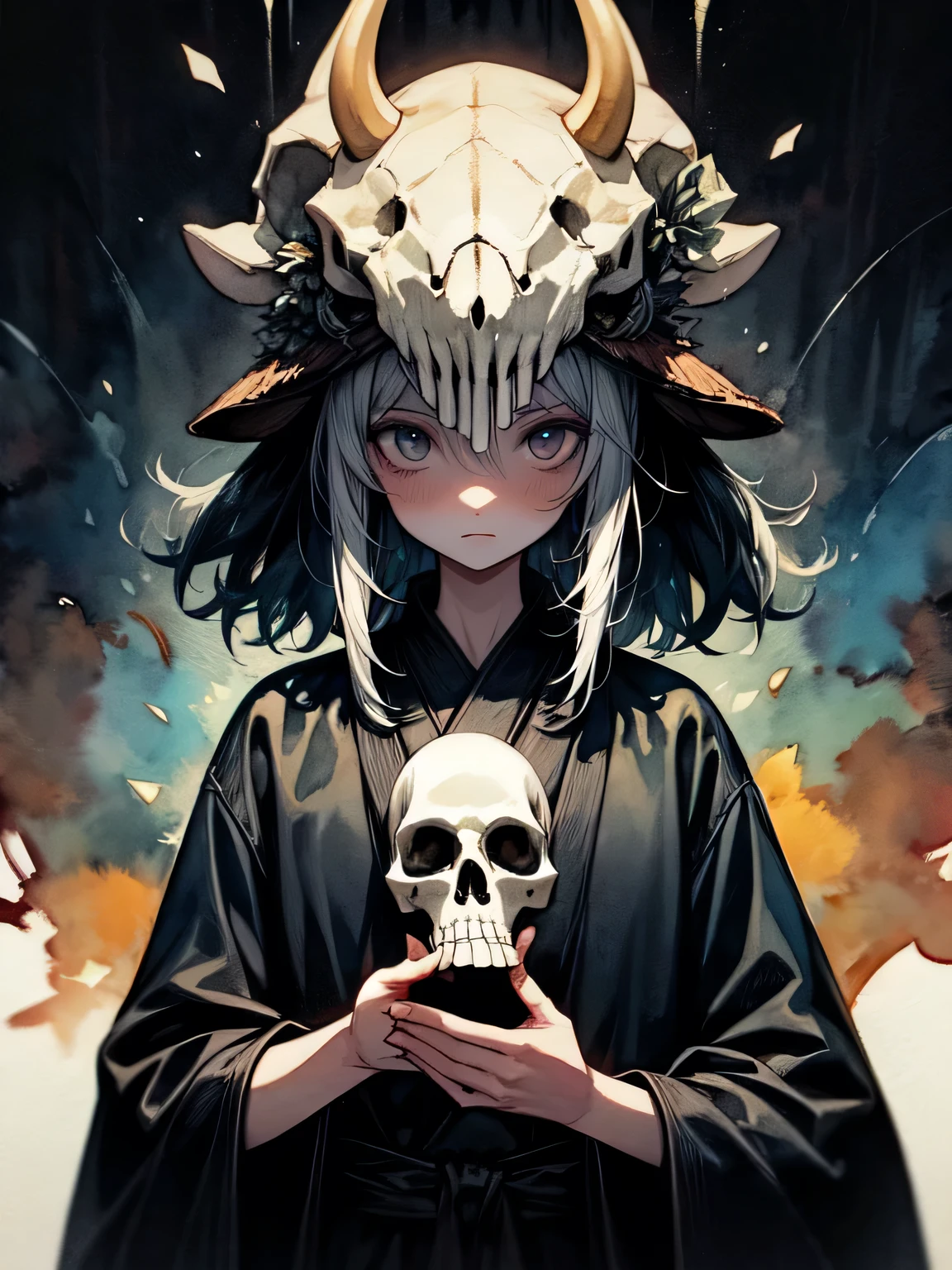 masterpiece, best quality, High quality, ultra detailed, a japanese demon girl with horn, quiet gaze and evil smile, hugging a skull, black kimono, white hair, red eyes, looking afar, cold expression, high quality detailed background, Depth of field, starry sky <lora:SilvermoonMix03_2:1>