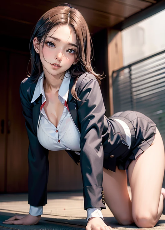 outside area, dark hour of down, shirt, jacket, pubic hair, showing off her thin lace panties,
