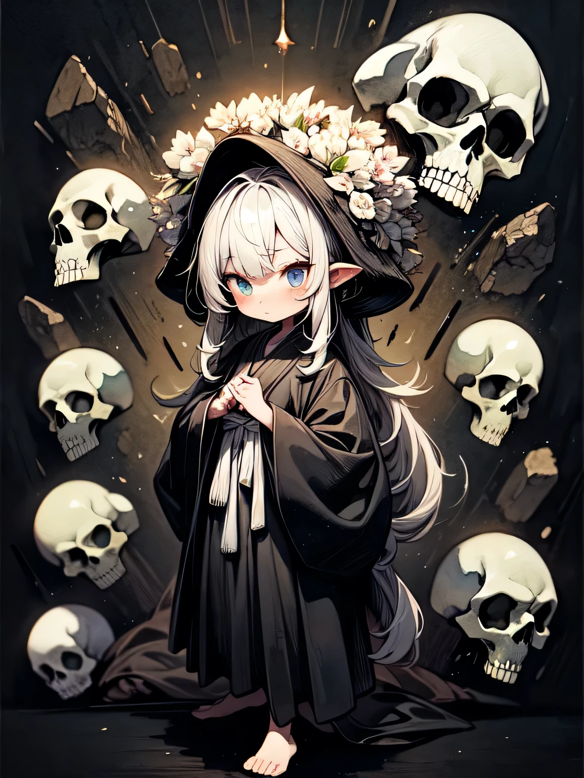 perfect face, perfect hands. A silver  haired girl with green eyes in a Gothic dress is holding a skull with a big smile in a creepy forest