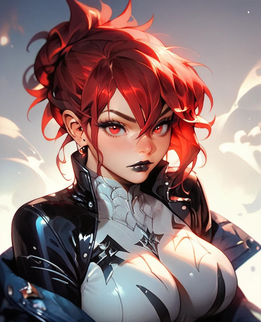 Bottom heavy girl, leather bodysuit, large breasts, cleavage, Red Hair, Hair bun, Bangs, Hair between eyes, Red eyes, Black lipstick, Black eyeshadows, lonh eyelashes, 