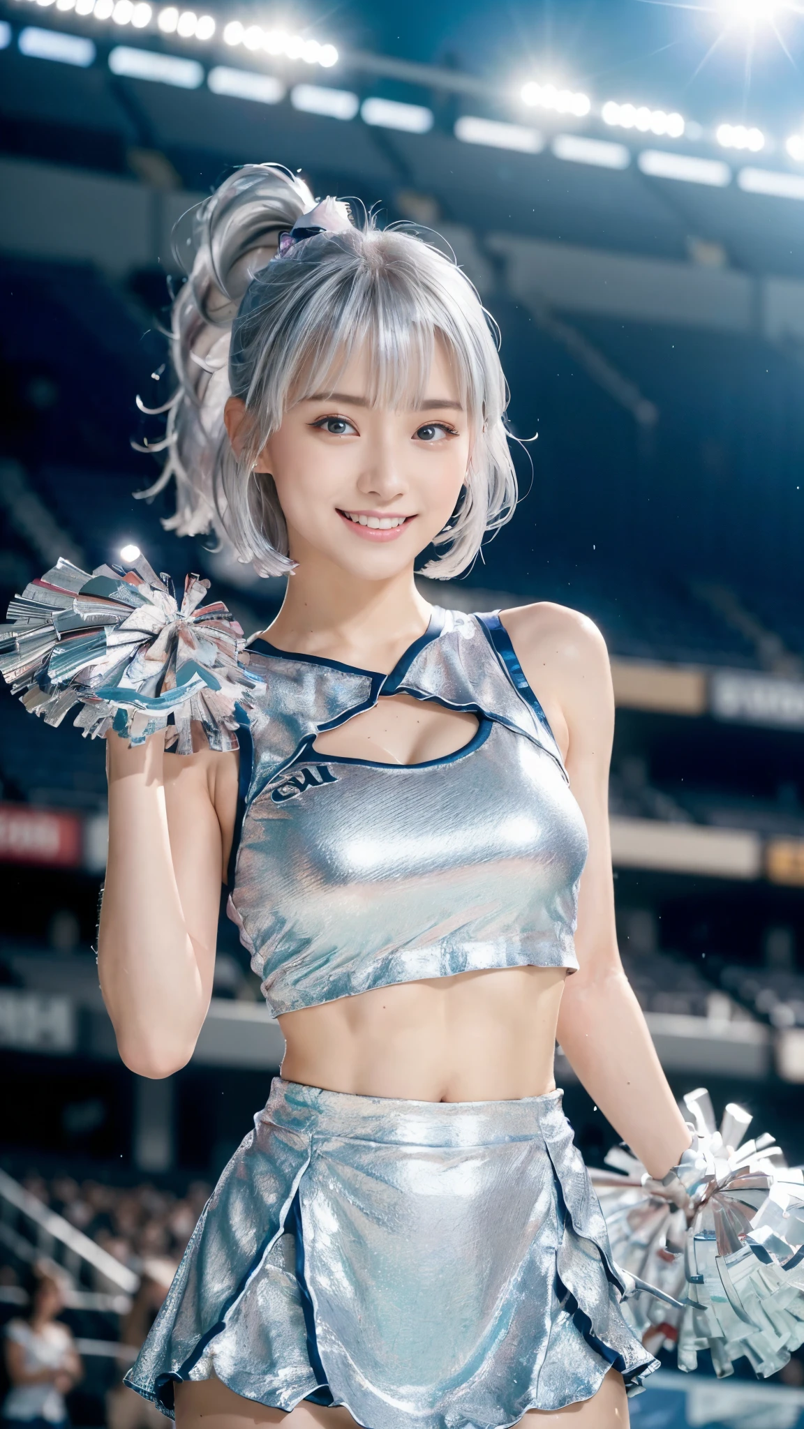 (((top-quality、8K、photographrealistic:1.4、masterpiece)))、Back lighting、Highly detailed facial texture woman、18year old、(((Silver Cheerleader:1.2)))、((Stadium Background:1.2))、with arms up、beautiful make up、A smile、open open mouth、shiny silver hair and short hairstyle,,、cowboy shot。silber hair。short-hair。Parted sleeves, bare shoulders, Center opening, cleavage of the breast, Central chest,crouching cowgirl、white hair。silber hair。