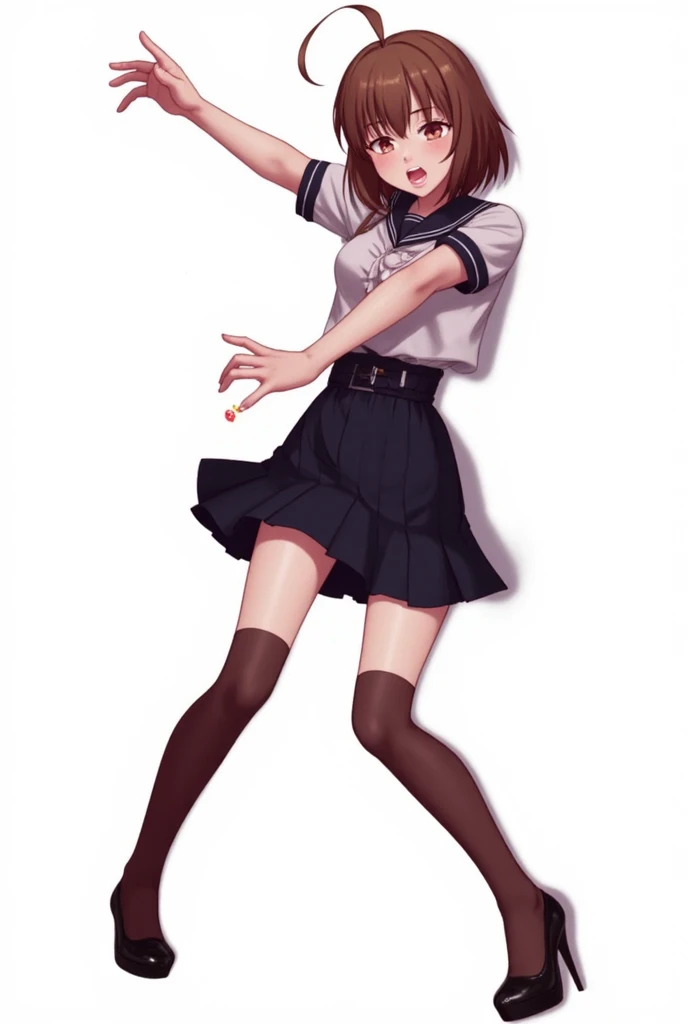 (well done:1)woman, short wavy brown hair, black eyes, black beanie with gray stripes, gray vest with thin black stripes with a tie, white shirt underneath, black and white checkered skirt, black gloves, black boots, socks to the end of the thighs.
