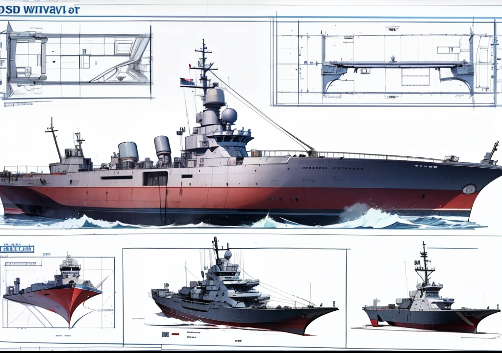 diesel war boat blueprint, three view, concept sketch blueprint,masterpiece, best quality ,high resolution,British Navy
