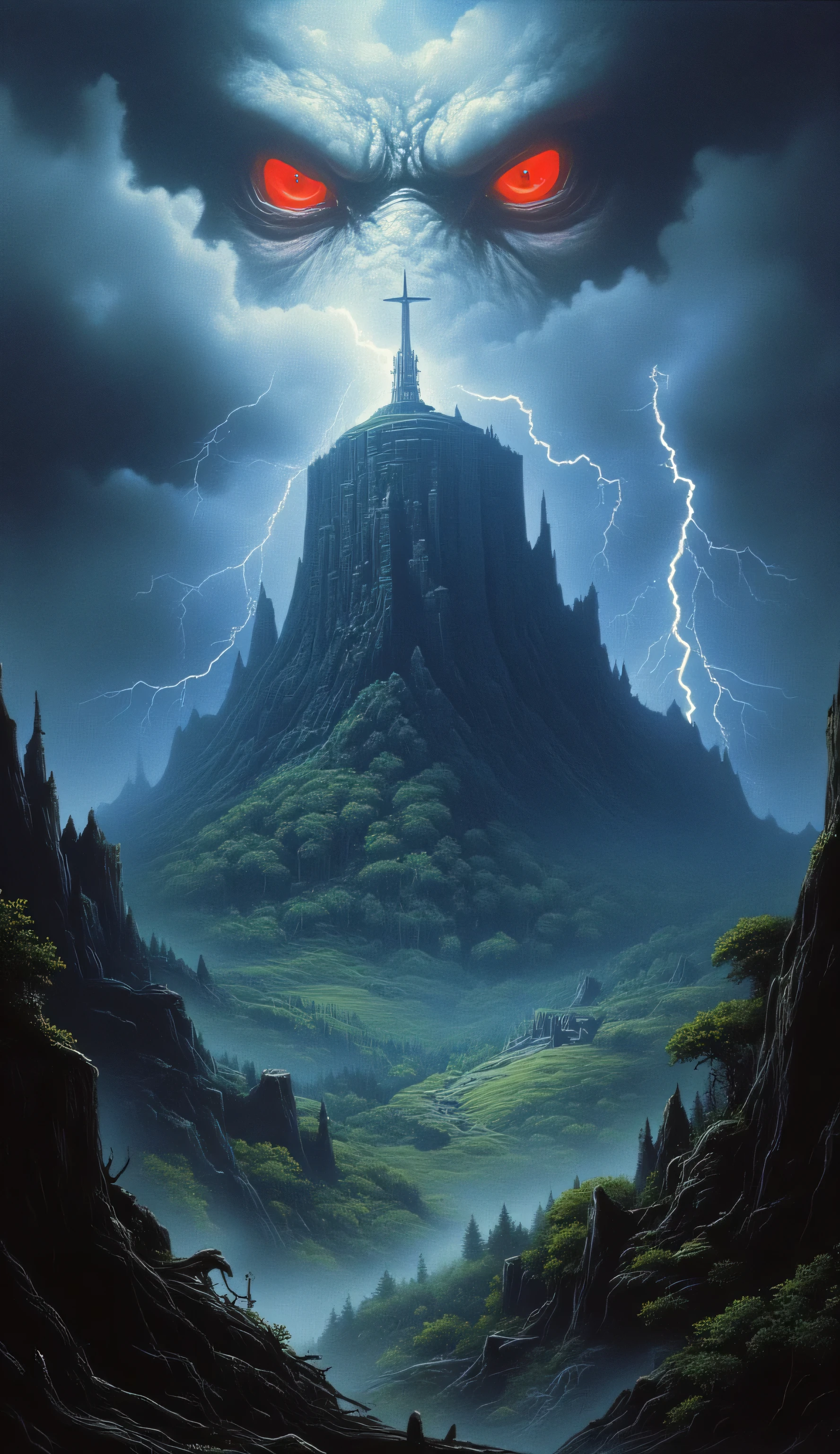 a dark and terrible creepy island, with a big forest, in the skyes above is possible see two red eyes formed by the clouds, ther are thunderlights arround