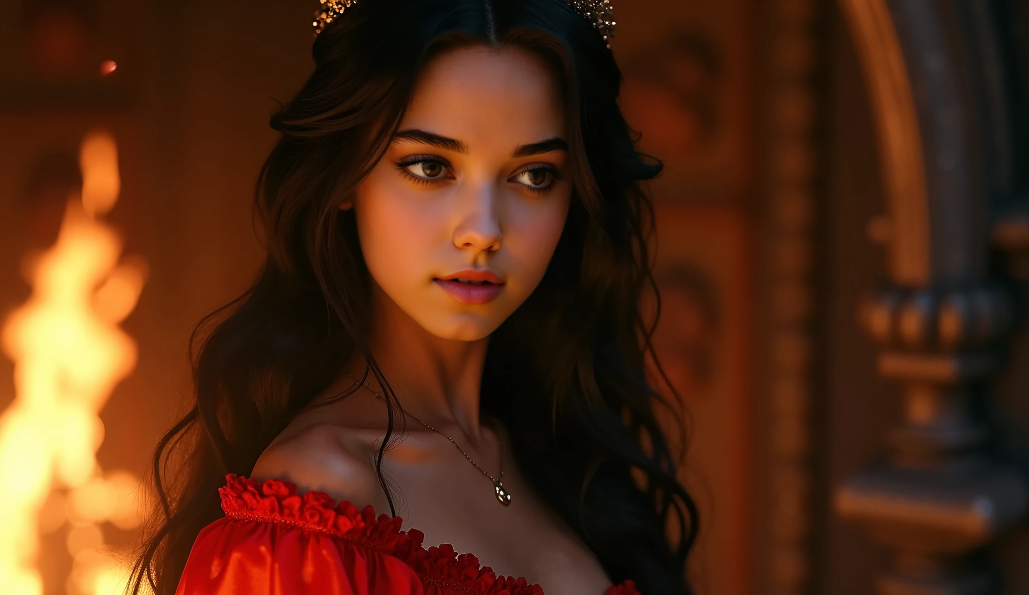 Wearing a black dress,Arad woman wearing a red flower crown, detailed matte fantasy portrait, hyper-detailed fantasy character, cinematic goddess close shot, cgsociety 8k, cgsociety 8 k, cgsociety 8k, stunning cgsociety, cgsociety contest winner, Fantasy art Behance, intricate wlop, cgsociety contest winner!!, CGSesociety )