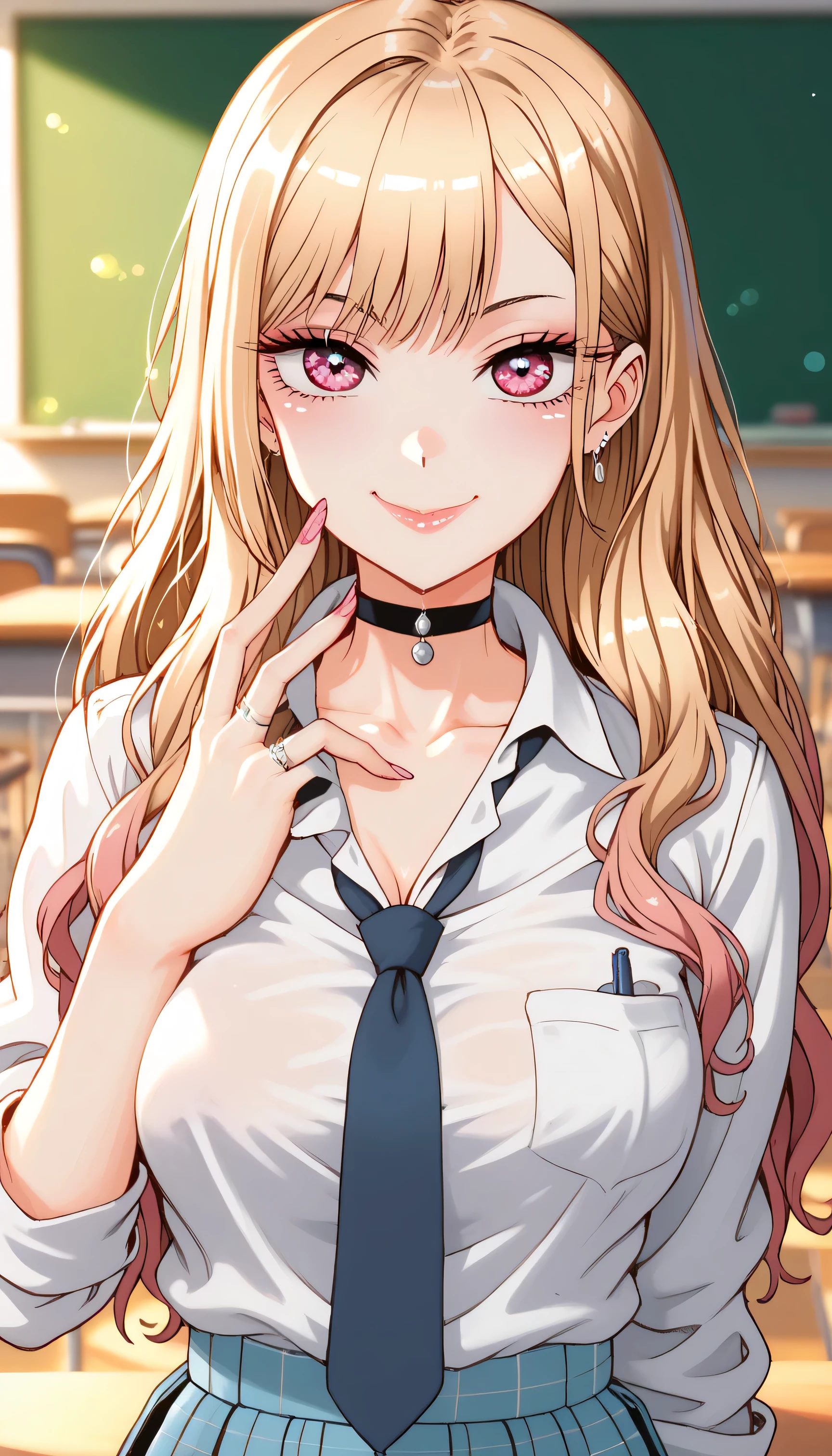 KJOmarin rubbing own tits groping filling touching ,(day),Classroom Background, kiss face blowing a kiss glossy looking very very angry at you for looking at her boob ,wiping Standing at attention, choker, collarbone,shite shirt with green tie,school uniform, collared shirt, ring,jewelry, pink eyes,bangs, blonde hair,long hair, 1 girl, 20yo,Young female,Beautiful Finger,Beautiful long legs,Beautiful body,Beautiful Nose,Beautiful character design, perfect eyes, perfect face,expressive eyes,perfect balance, looking at viewer,(Focus on her face),closed mouth, (innocent_big_eyes:1.0),Light_Smile, official art,extremely detailed CG unity 8k wallpaper, perfect lighting,Colorful, Bright_Front_face_Lighting,shiny skin, (masterpiece:1.0),(best_quality:1.0), ultra high res,4K,ultra-detailed, photography, 8K, HDR, highres, absurdres:1.2, Kodak portra 400, film grain, blurry background, bokeh:1.2, lens flare, (vibrant_color:1.2),professional photograph, (Beautiful,large_Breasts:1.4), (beautiful_face:1.5),(narrow_waist),