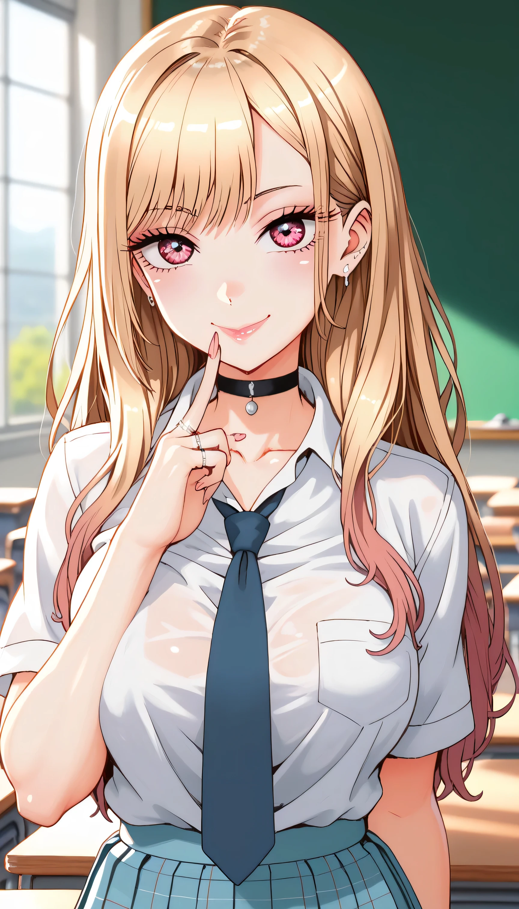 KJOmarin rubbing own tits groping filling touching ,(day),Classroom Background, kiss face blowing a kiss glossy looking very very angry at you for looking at her boob ,wiping Standing at attention, choker, collarbone,shite shirt with green tie,school uniform, collared shirt, ring,jewelry, pink eyes,bangs, blonde hair,long hair, 1 girl, 20yo,Young female,Beautiful Finger,Beautiful long legs,Beautiful body,Beautiful Nose,Beautiful character design, perfect eyes, perfect face,expressive eyes,perfect balance, looking at viewer,(Focus on her face),closed mouth, (innocent_big_eyes:1.0),Light_Smile, official art,extremely detailed CG unity 8k wallpaper, perfect lighting,Colorful, Bright_Front_face_Lighting,shiny skin, (masterpiece:1.0),(best_quality:1.0), ultra high res,4K,ultra-detailed, photography, 8K, HDR, highres, absurdres:1.2, Kodak portra 400, film grain, blurry background, bokeh:1.2, lens flare, (vibrant_color:1.2),professional photograph, (Beautiful,large_Breasts:1.4), (beautiful_face:1.5),(narrow_waist),