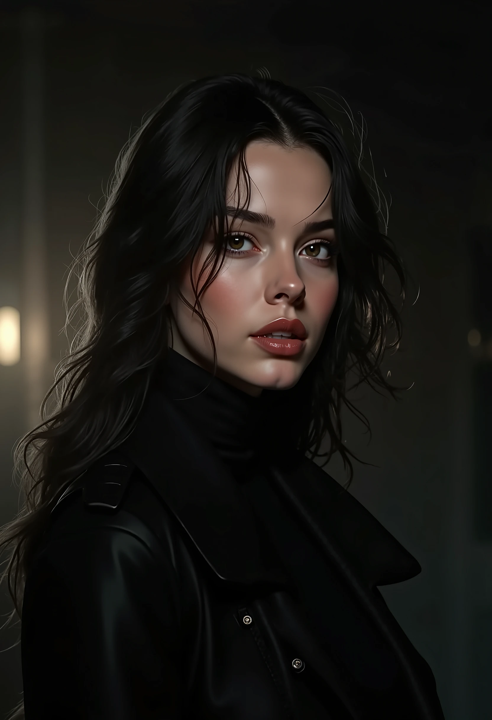 Arafed portrait of a woman with long hair and a black jacket - SeaArt AI