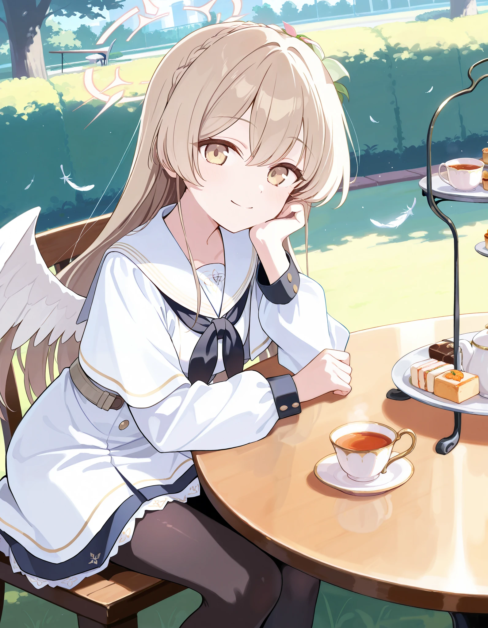Masterpiece, hd, best quality, kirifuji nagisa, nagisa (blue archive), blue archive, smile, light brown eyes, sailor collar, white dress, long sleeves, neckerchief, black pantyhose, capelet, halo,shiny halo, long hair, light brown hair, flower hair ornaments, feathers, feathered wings, angel wings, white sailor collar, white wings, black neckerchief, wearing belt, light brown belt, Sitting, tea table, tea time, outdoor, park, tall body, potrait, looking at viewer