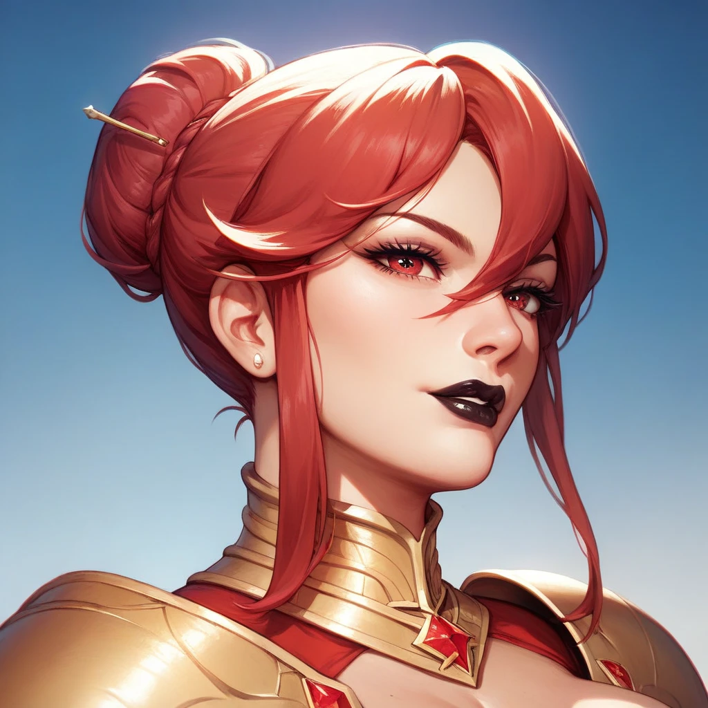 Beautiful tall woman with red hair and blue eyes, a beautiful red pout super realistic and detailed suit outfit