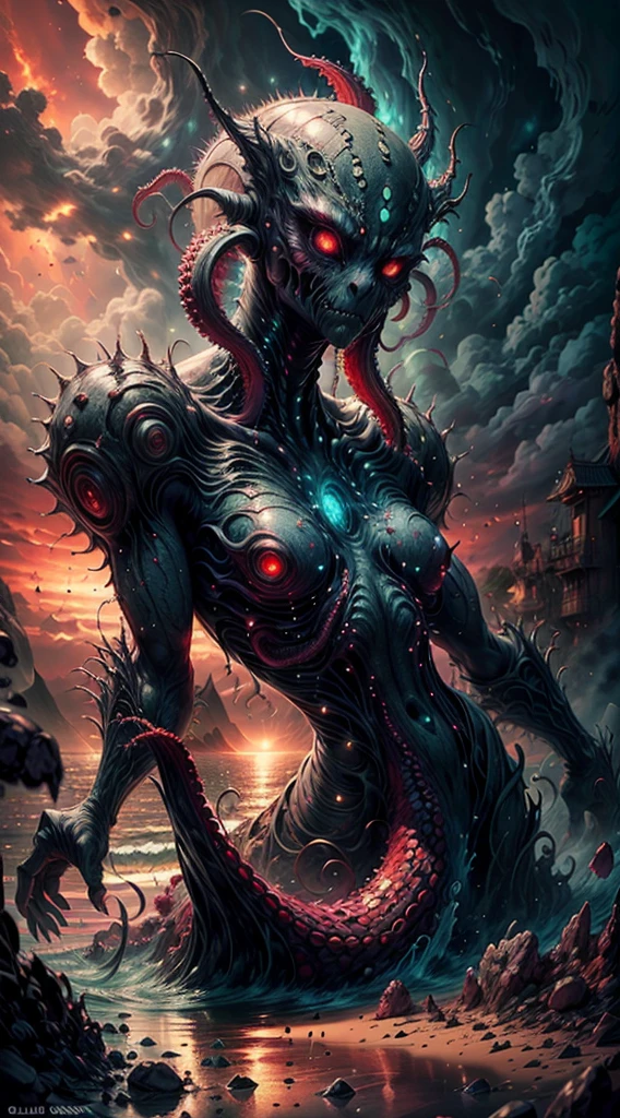 (best quality,highres,ultra-detailed),alien creature portrait,octopus-like,large size,beach landscape,alien green water sea,five glowing eyes,spiky tentacles,colorful scabrous skin,red sky,portrait,horror,concept artists,vivid colors,sharp focus,studio lighting