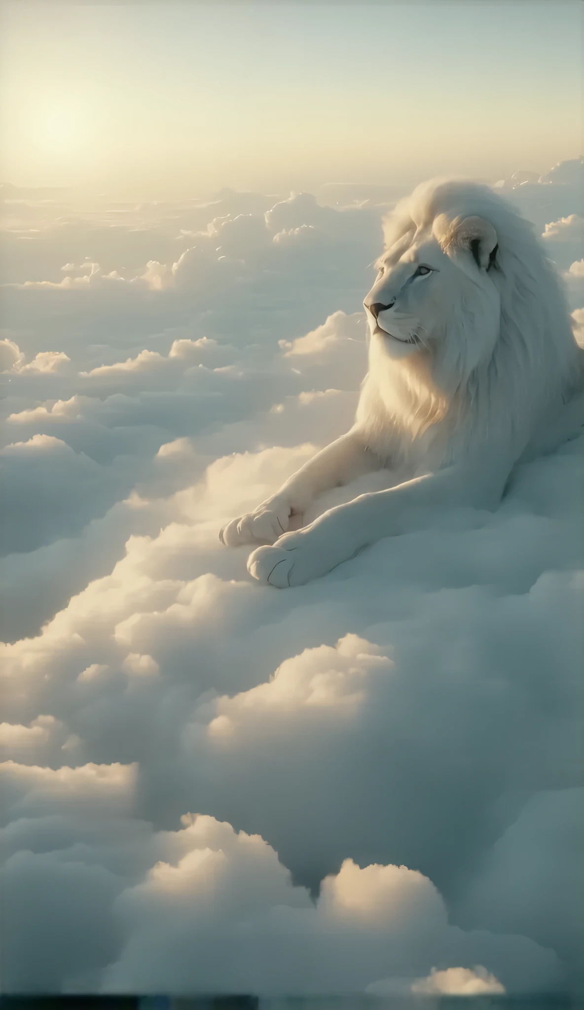 Highly detailed, ultra-realistic, 32k resolution, cinematic lighting, finely textured, intricate details, atmospheric depth, photo-realistic masterpiece, professional-grade composition.
Jesus is seated on a soft, billowing cloud high above the world, surrounded by a celestial expanse of luminous white clouds stretching into the horizon. The golden light of the rising sun filters through the mist, casting a divine glow across the heavens. His serene expression reflects deep contemplation, his white and beige robe flowing gently with the ethereal breeze.
Beside Him, a majestic white lion rests gracefully on the clouds, its powerful form exuding both strength and tranquility. Its fur is radiant, catching the soft sunlight, while its piercing blue eyes gaze into the infinite sky with wisdom and majesty. The lion's mane moves subtly with the ethereal breeze, shimmering with divine energy.
The sky is a radiant blue, with subtle gradients of warm hues blending into the morning light. Below, a breathtaking view unfolds—lush green valleys, winding rivers, and endless landscapes bathed in the soft illumination of dawn. The clouds form a natural throne around them, enhancing the divine presence. Light beams pierce through the mist, adding depth and majesty to the scene, creating an awe-inspiring and heavenly atmosphere.
