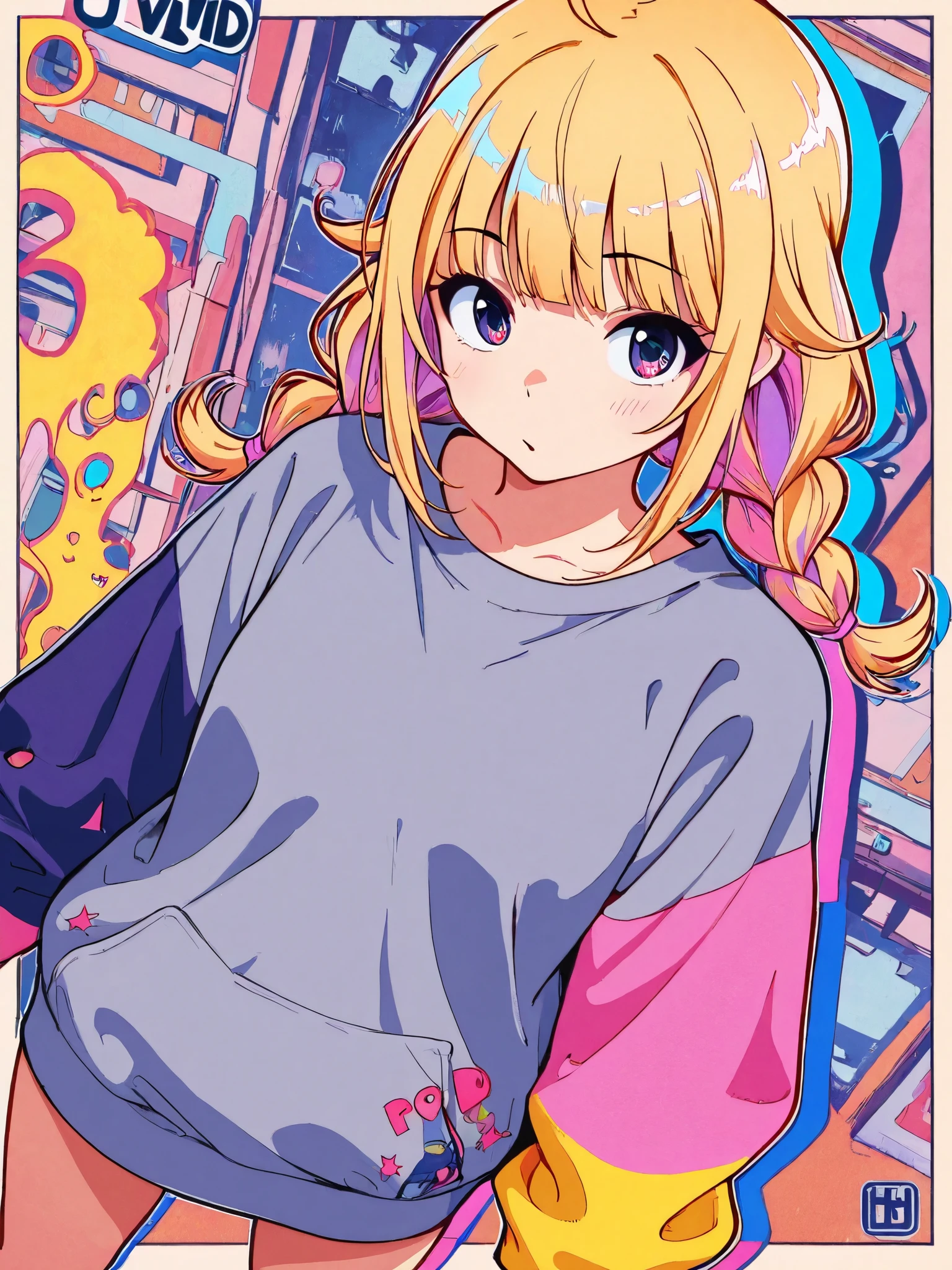 1girl\(tsukimi eiko,solo\),dynamic angle,pop art,oversized sweatshirt,masterpiece, best quality, 8k, highres, ultra-detailed,HDR, UHD, professional, vivid colors